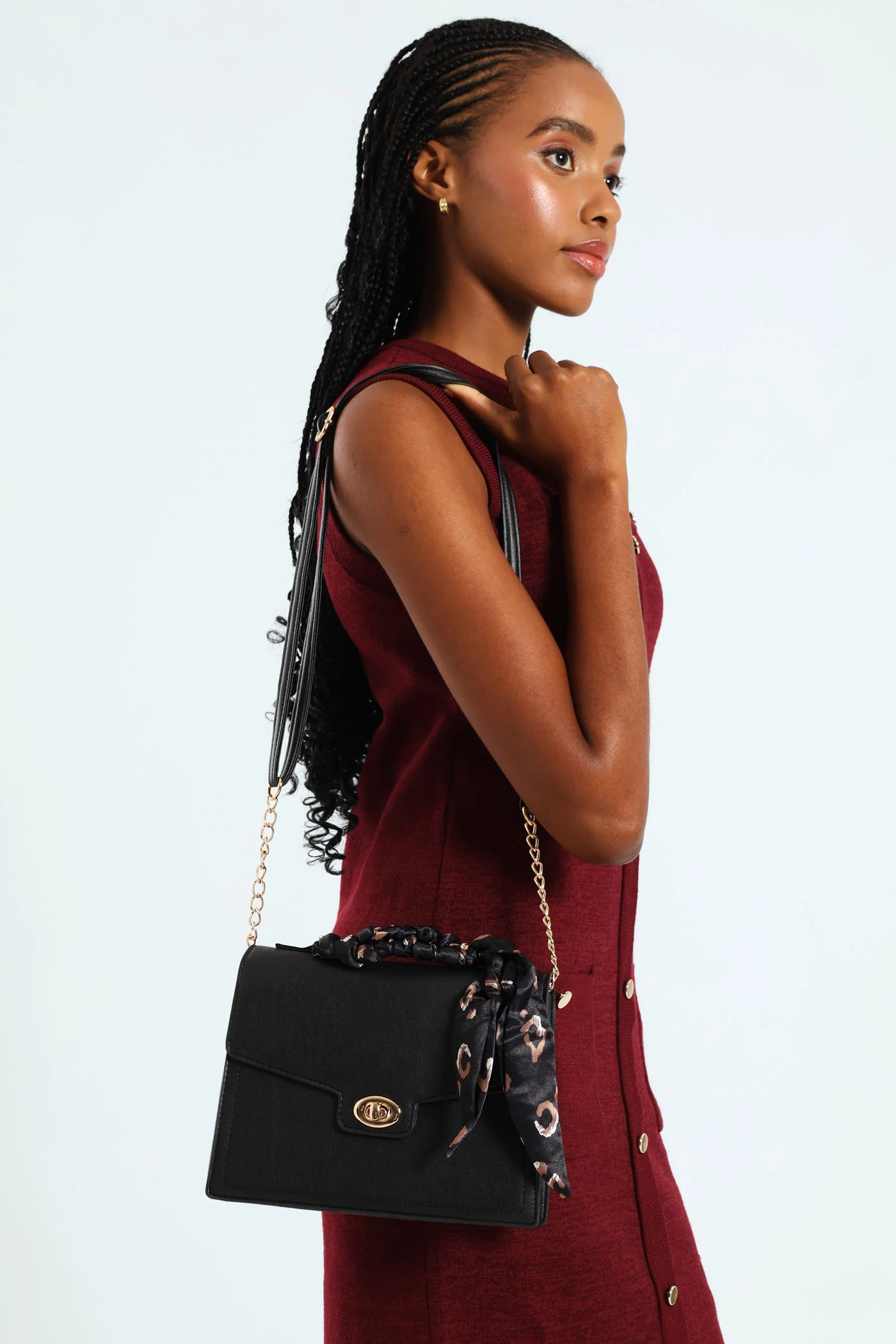 Plaited Scarf Clasp Detail Satchel Bag - Black - Image 2