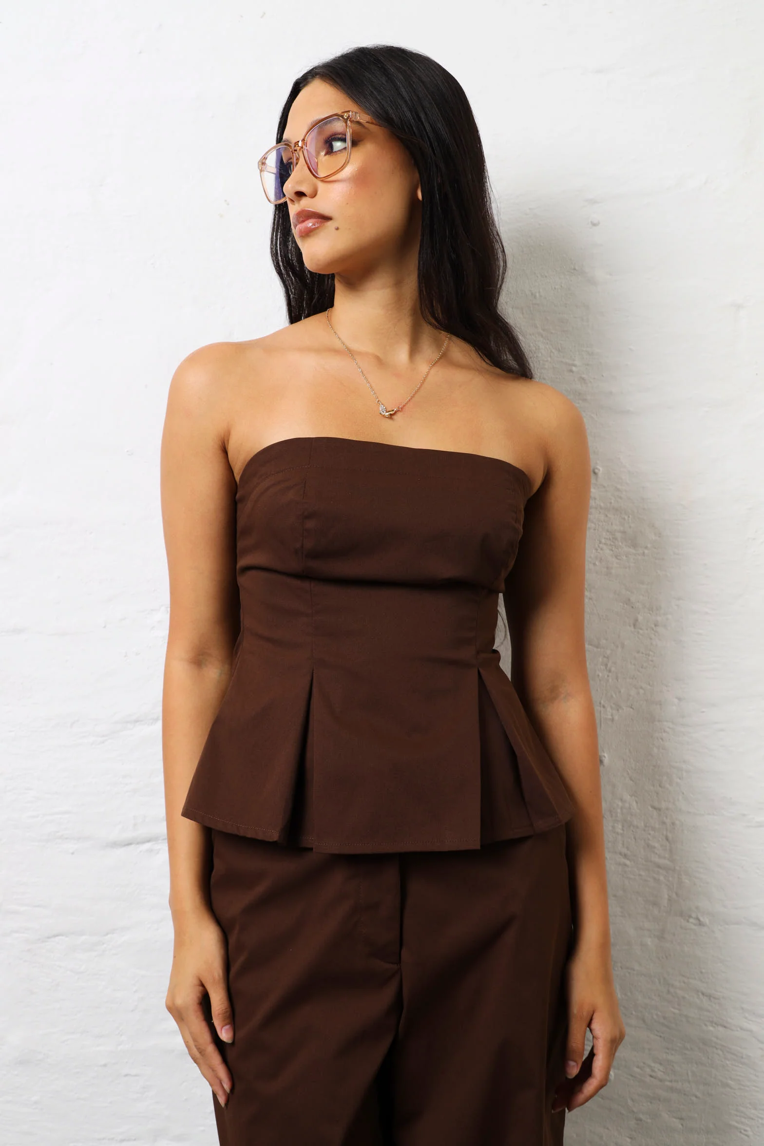 Pleat Detail Strapless Top - Chocolate - Image 2