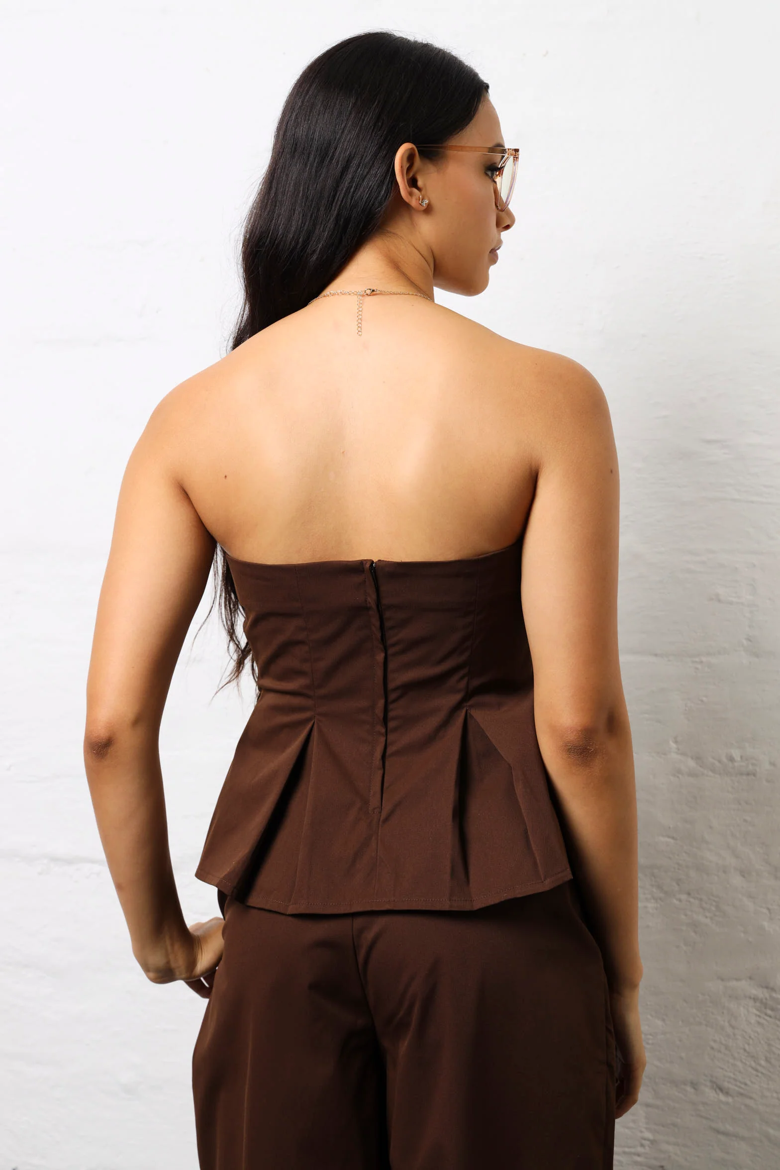 Pleat Detail Strapless Top - Chocolate - Image 5