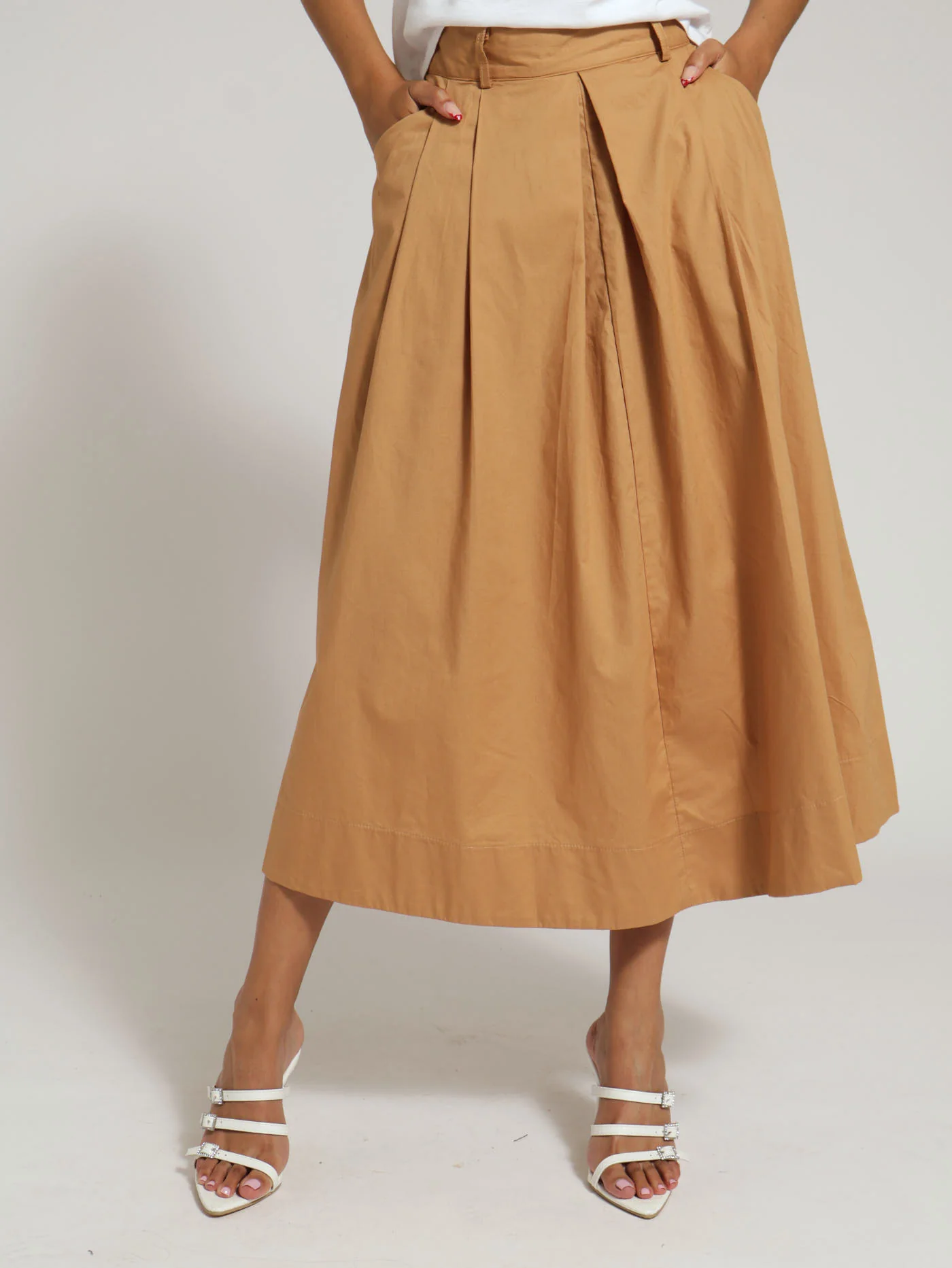 Pleat Front Poplin Midi Skirt - Caramel