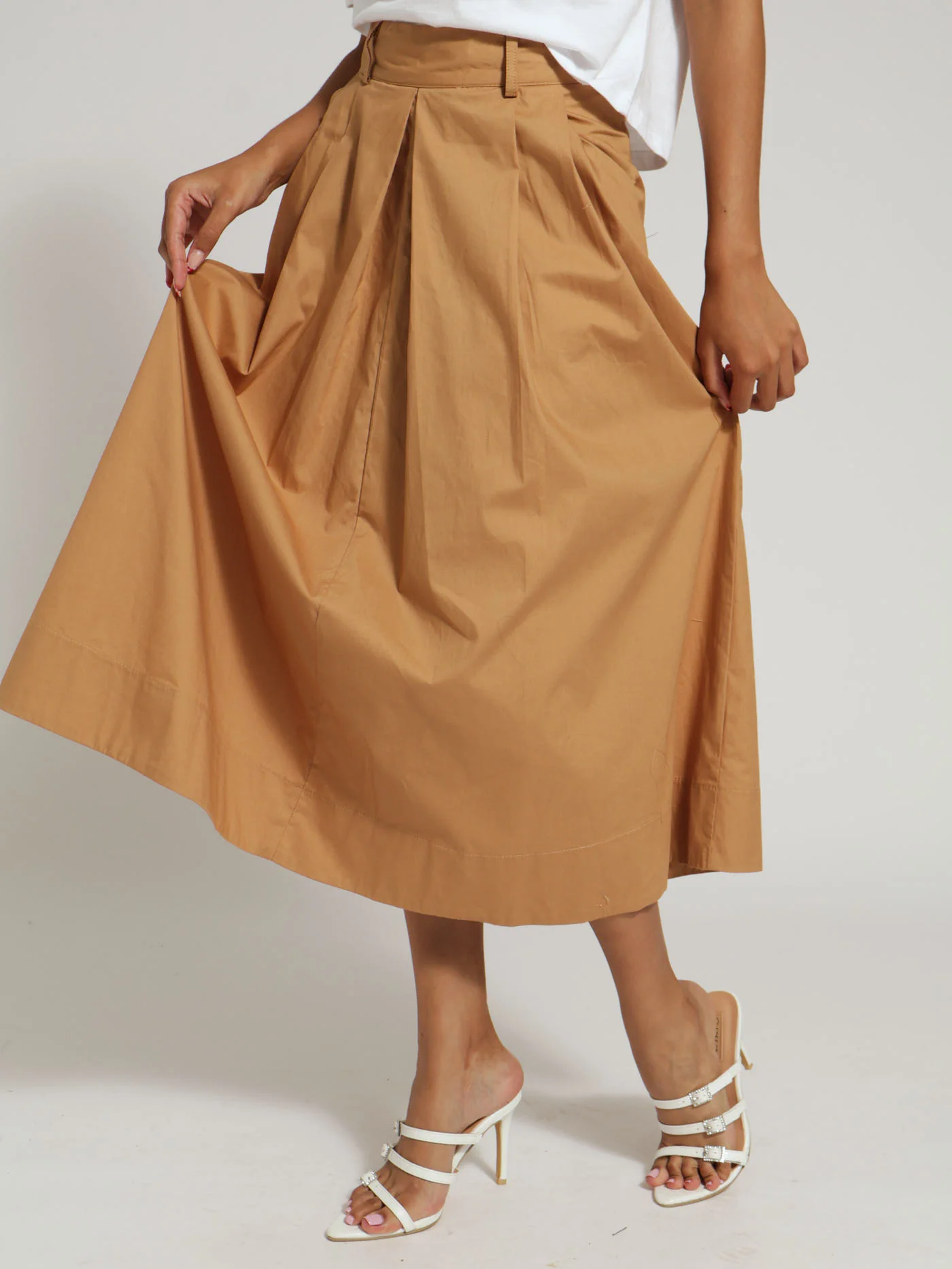 Pleat Front Poplin Midi Skirt - Caramel - Image 2