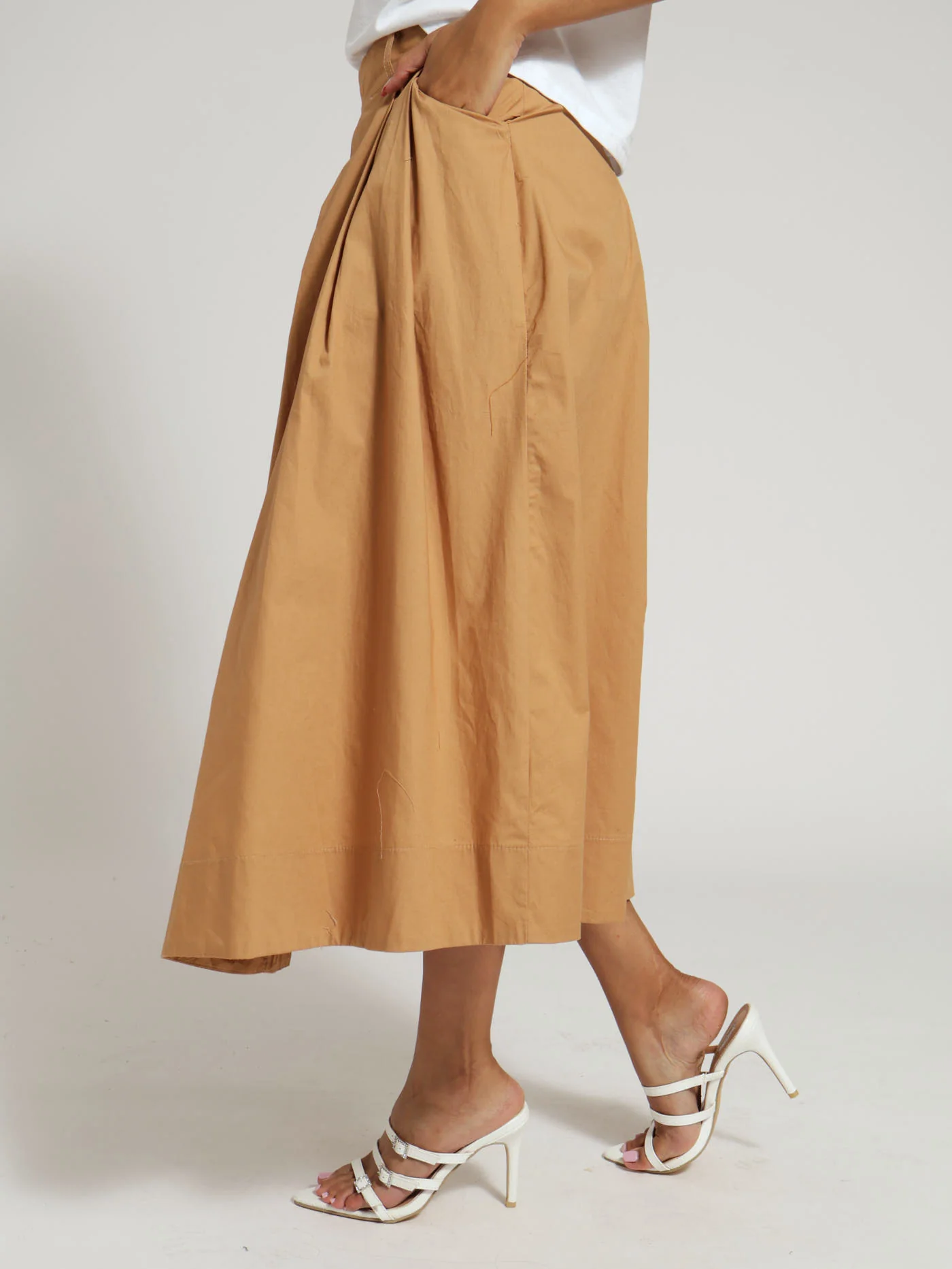 Pleat Front Poplin Midi Skirt - Caramel - Image 3