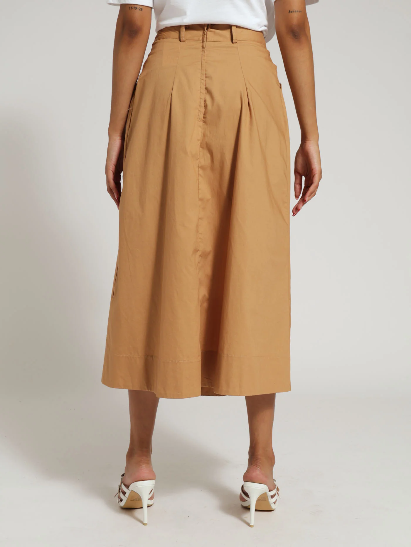 Pleat Front Poplin Midi Skirt - Caramel - Image 4