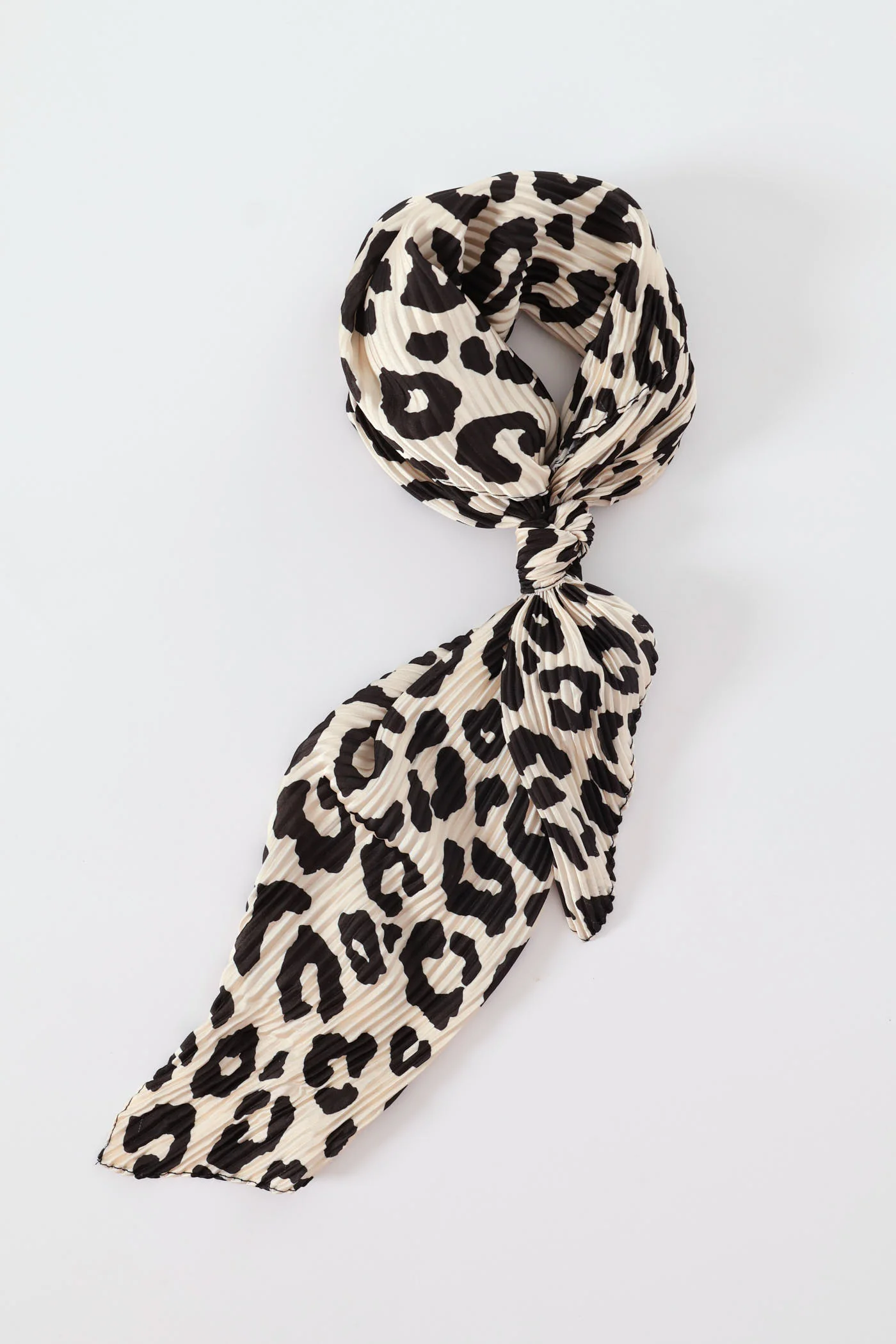 Pleated Animal Print Satin Scarf - Black