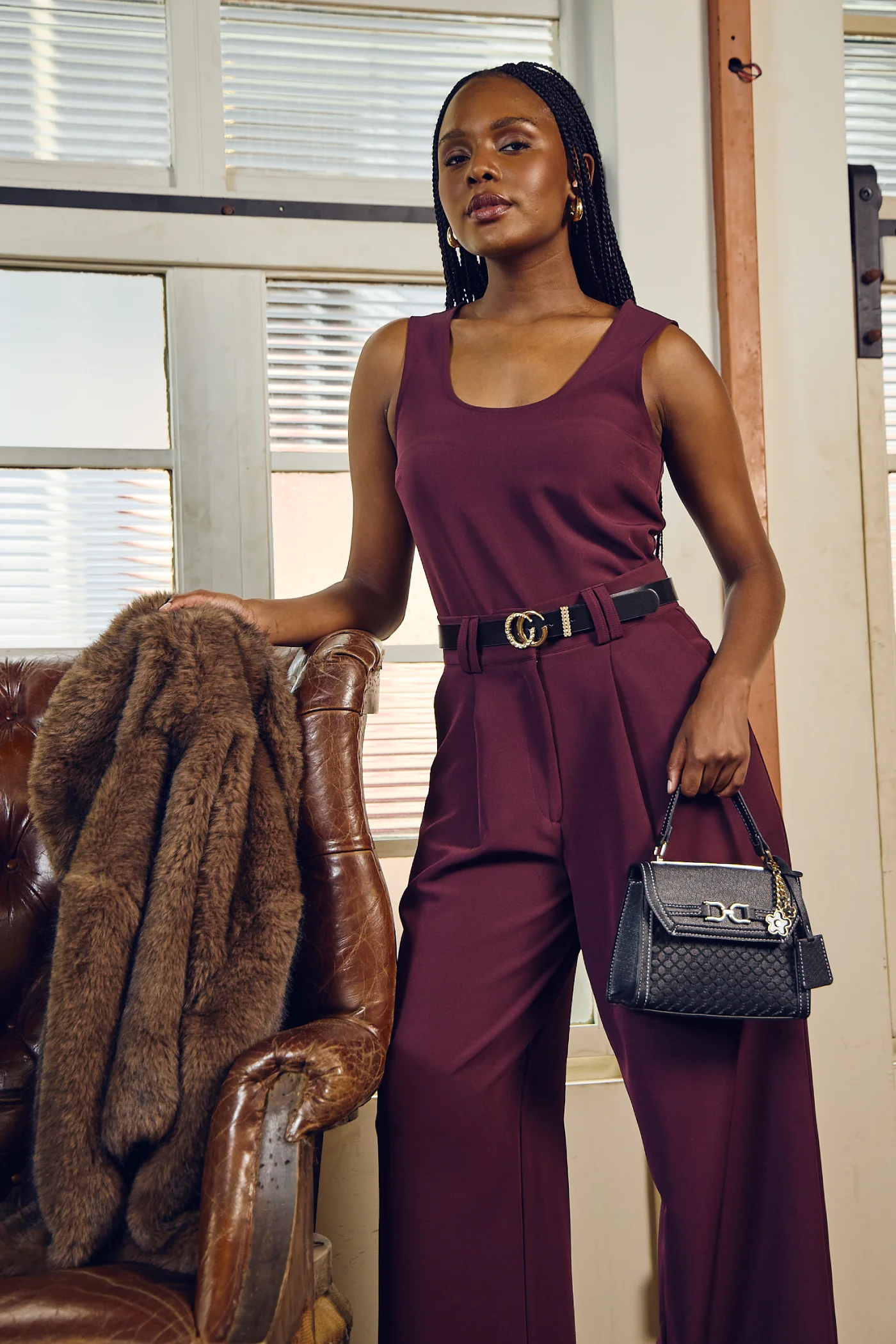 Pleated Detail Wideleg Pants - Burgundy