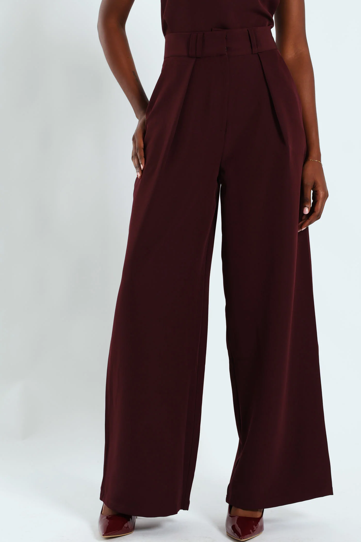 Pleated Detail Wideleg Pants - Burgundy - Image 2