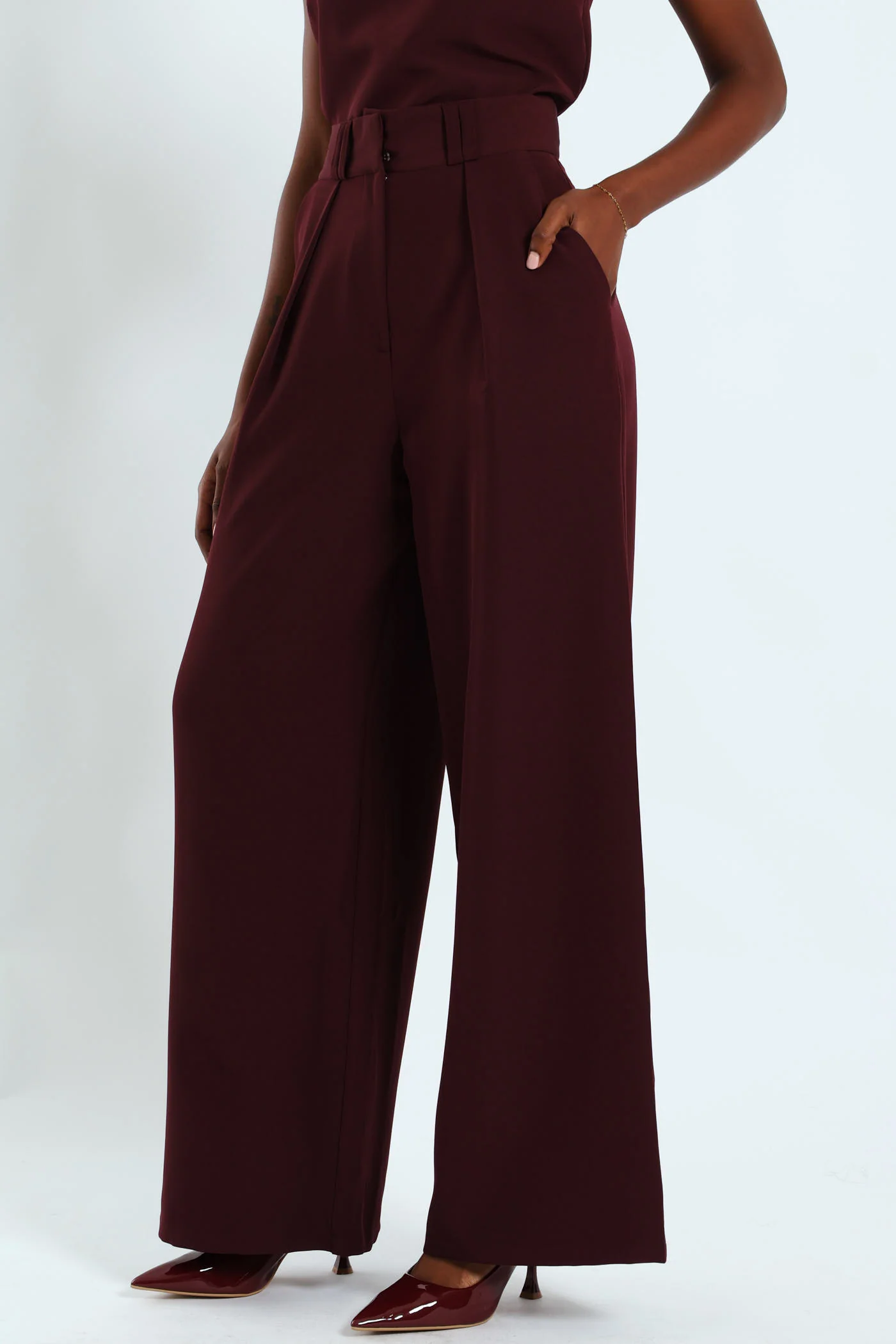 Pleated Detail Wideleg Pants - Burgundy - Image 3