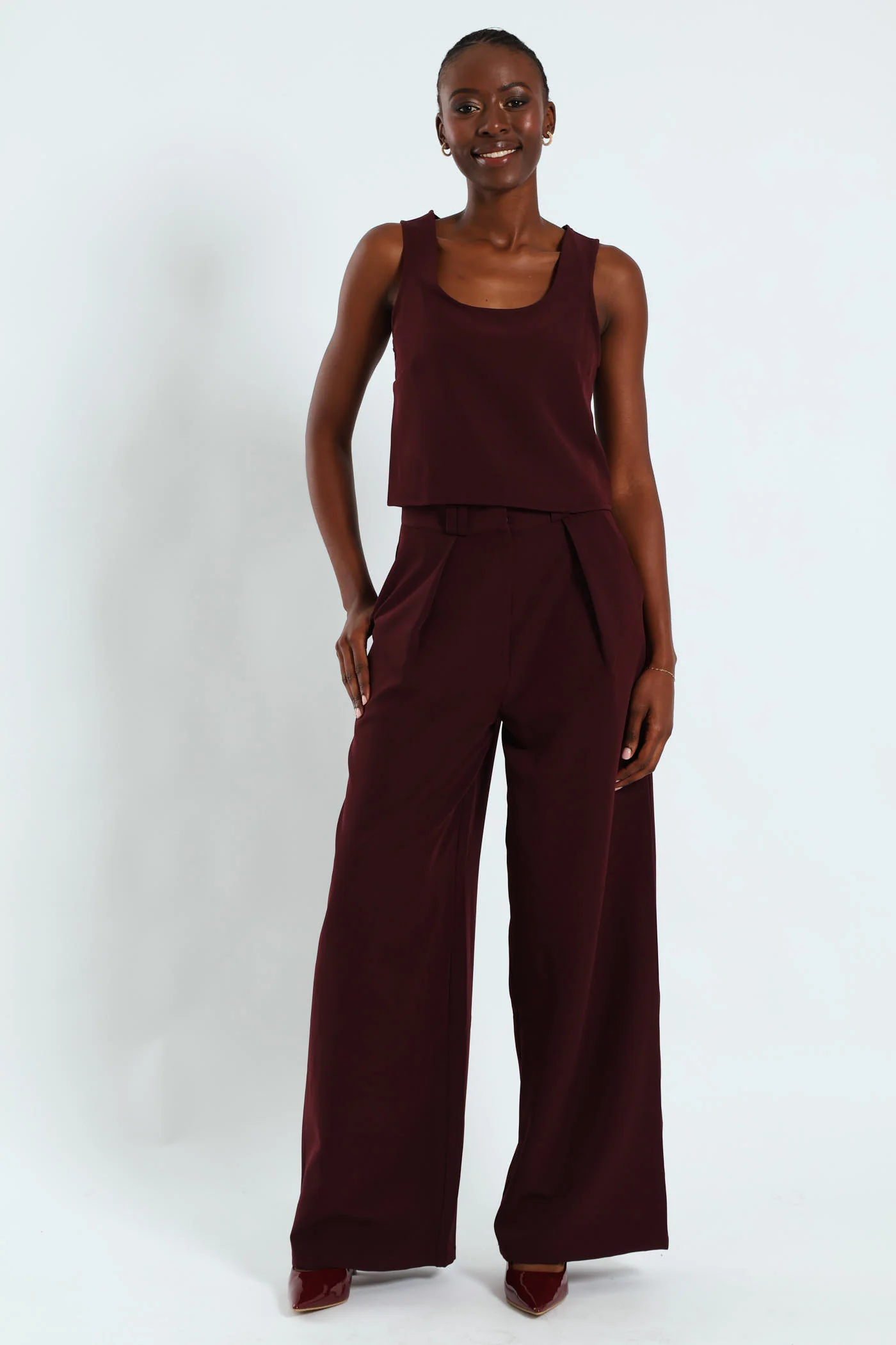 Pleated Detail Wideleg Pants - Burgundy - Image 6
