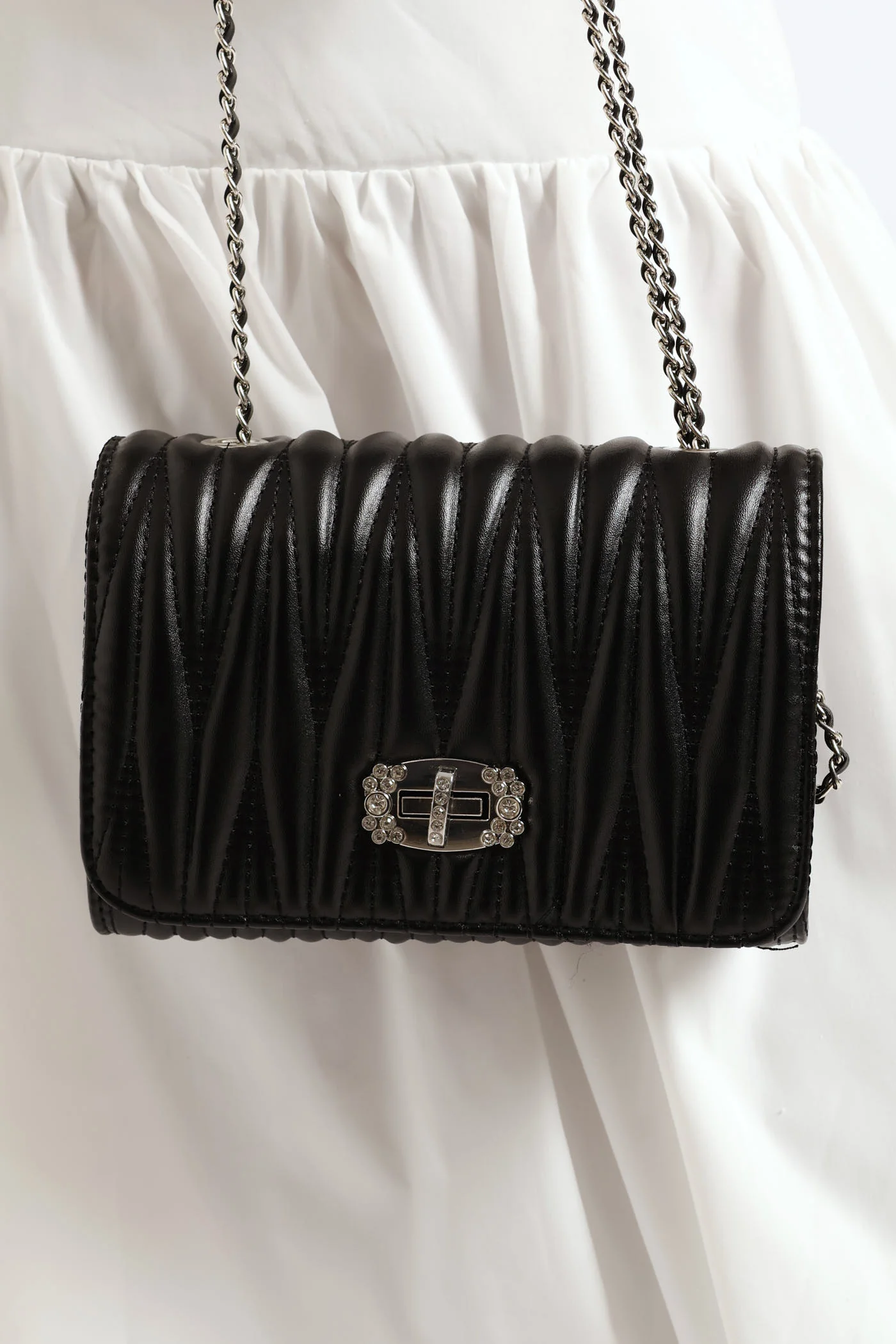 Pleated Diamante Clasp Satchel Bag - Black