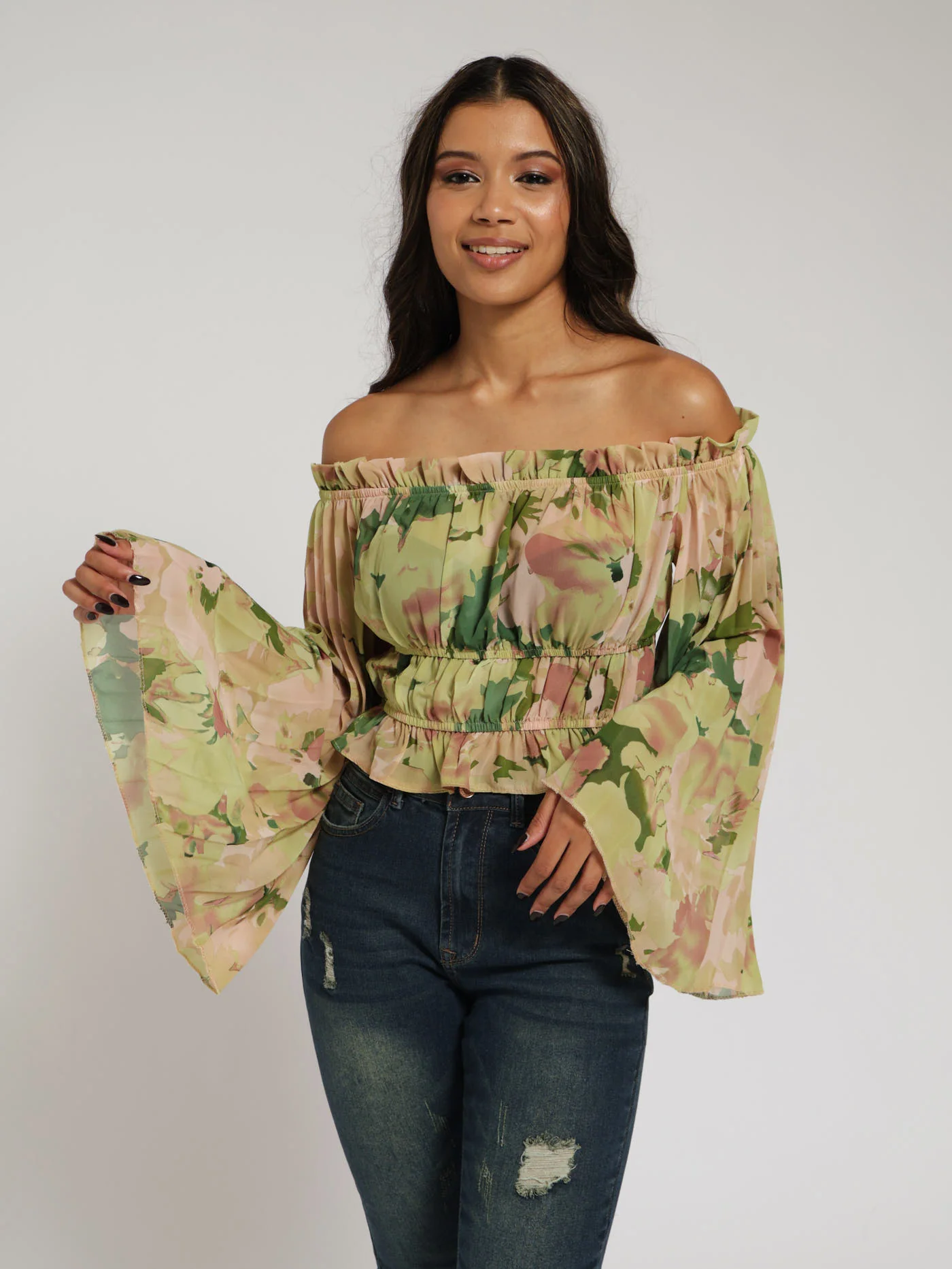 Pleated Flare Sleeve Blouse