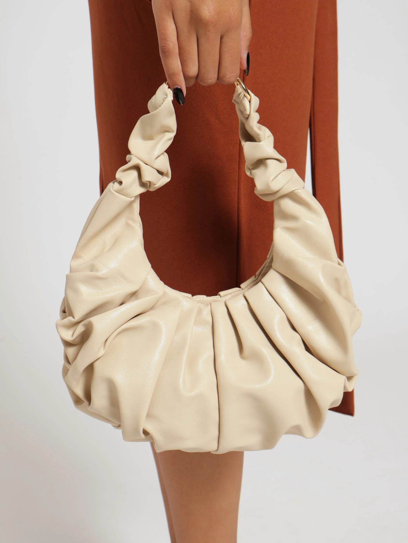 Pleated Half Moon Shoulder Bag - Beige