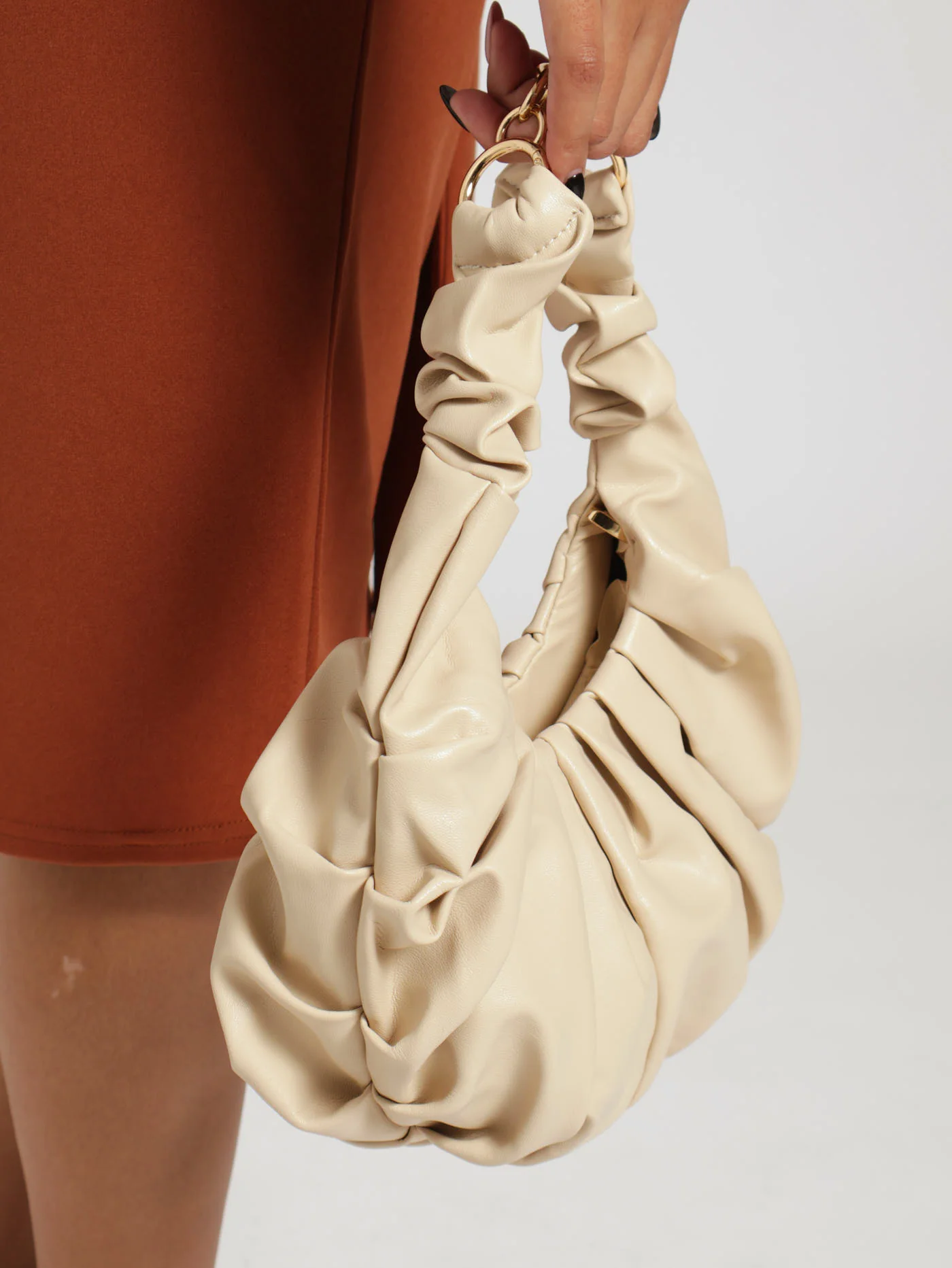 Pleated Half Moon Shoulder Bag - Beige - Image 2