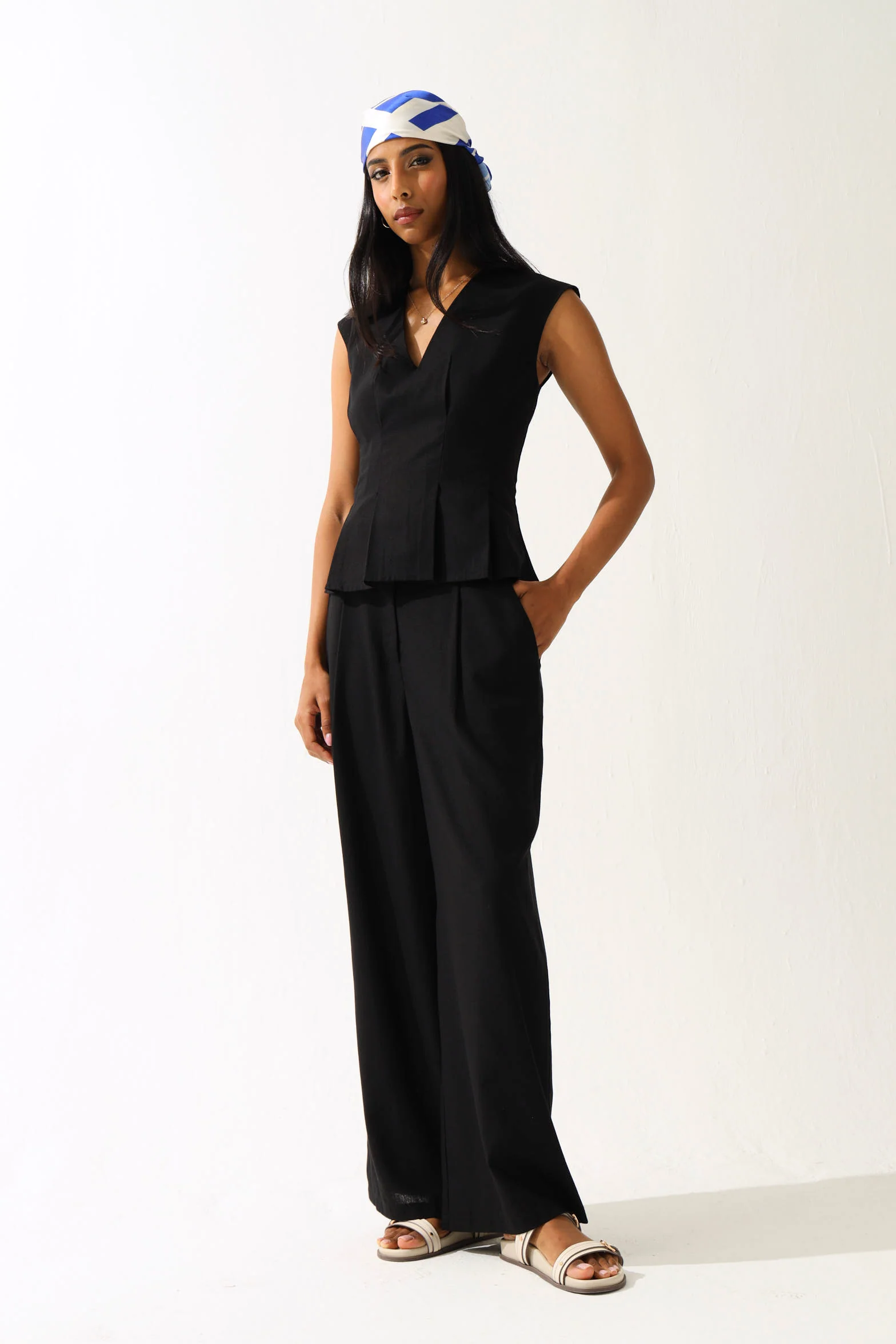Pleated Linen Peplum Blouse - Black