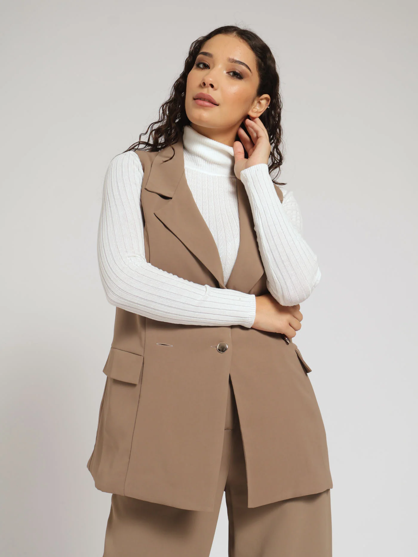 Pocket Button Detail Sleeveless Blazer - Stone