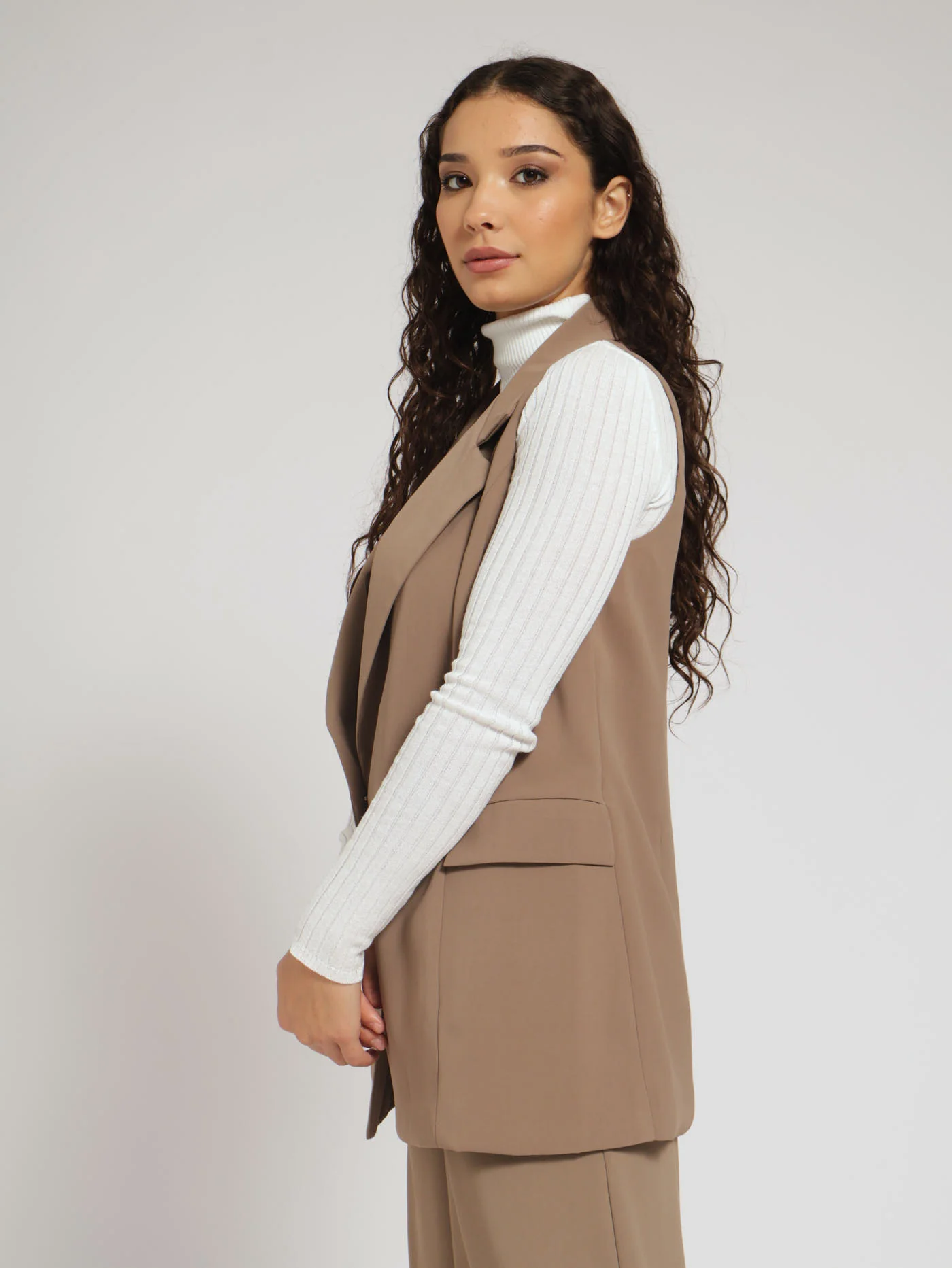 Pocket Button Detail Sleeveless Blazer - Stone - Image 3