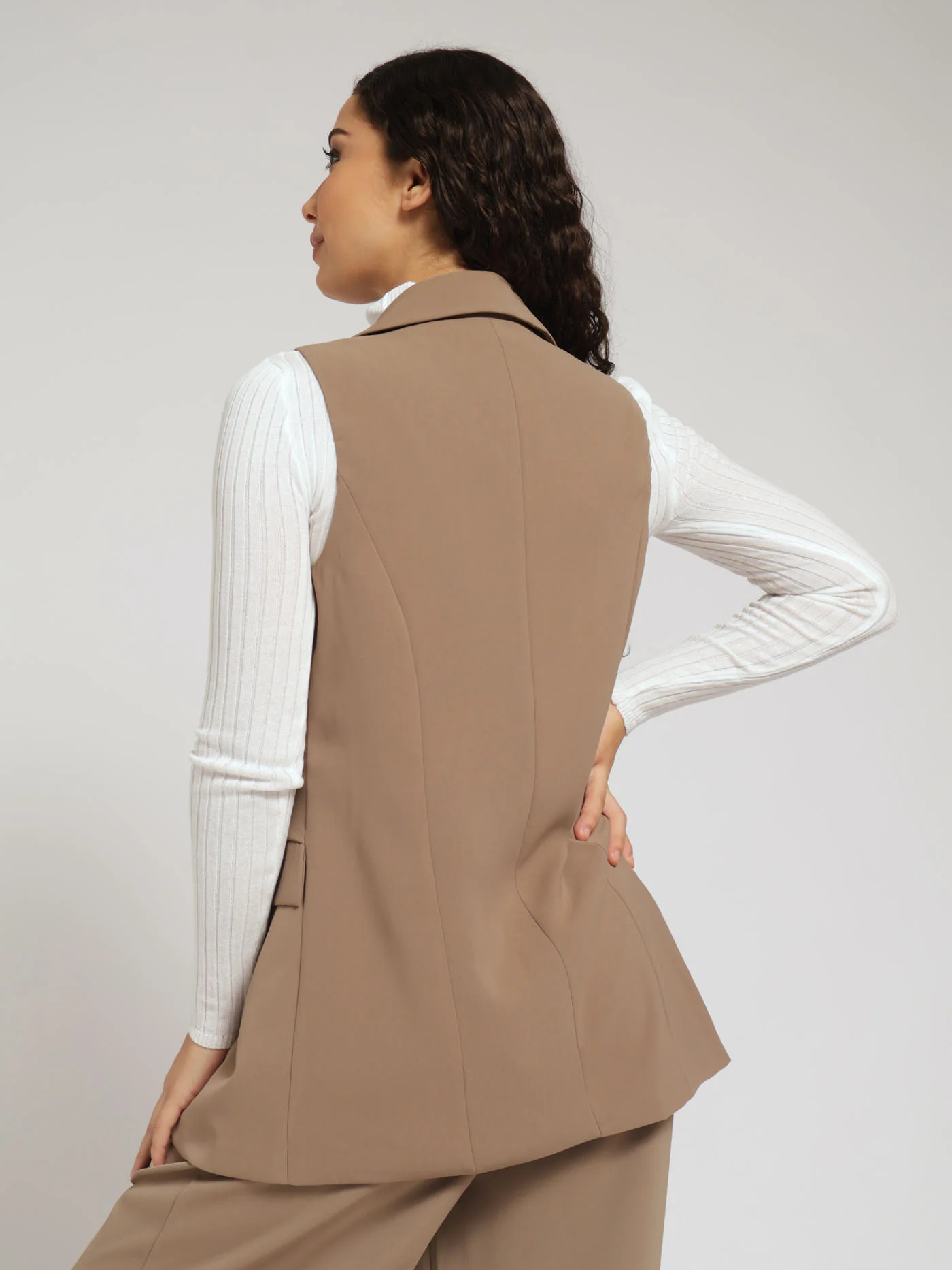 Pocket Button Detail Sleeveless Blazer - Stone - Image 4