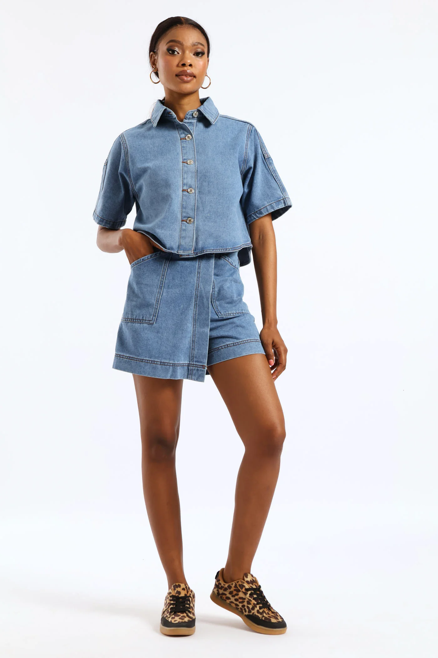 Pocket Detail Denim Skort - Medium Wash - Image 2