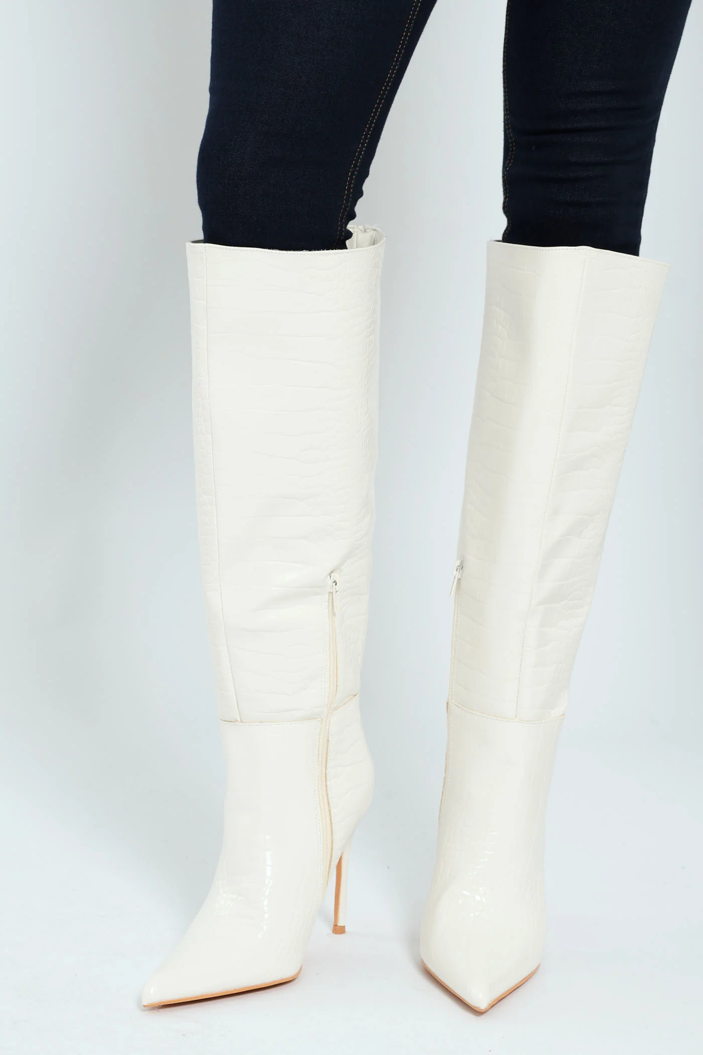 Pointed Hi Stiletto Knee Length Boot - White - Image 2