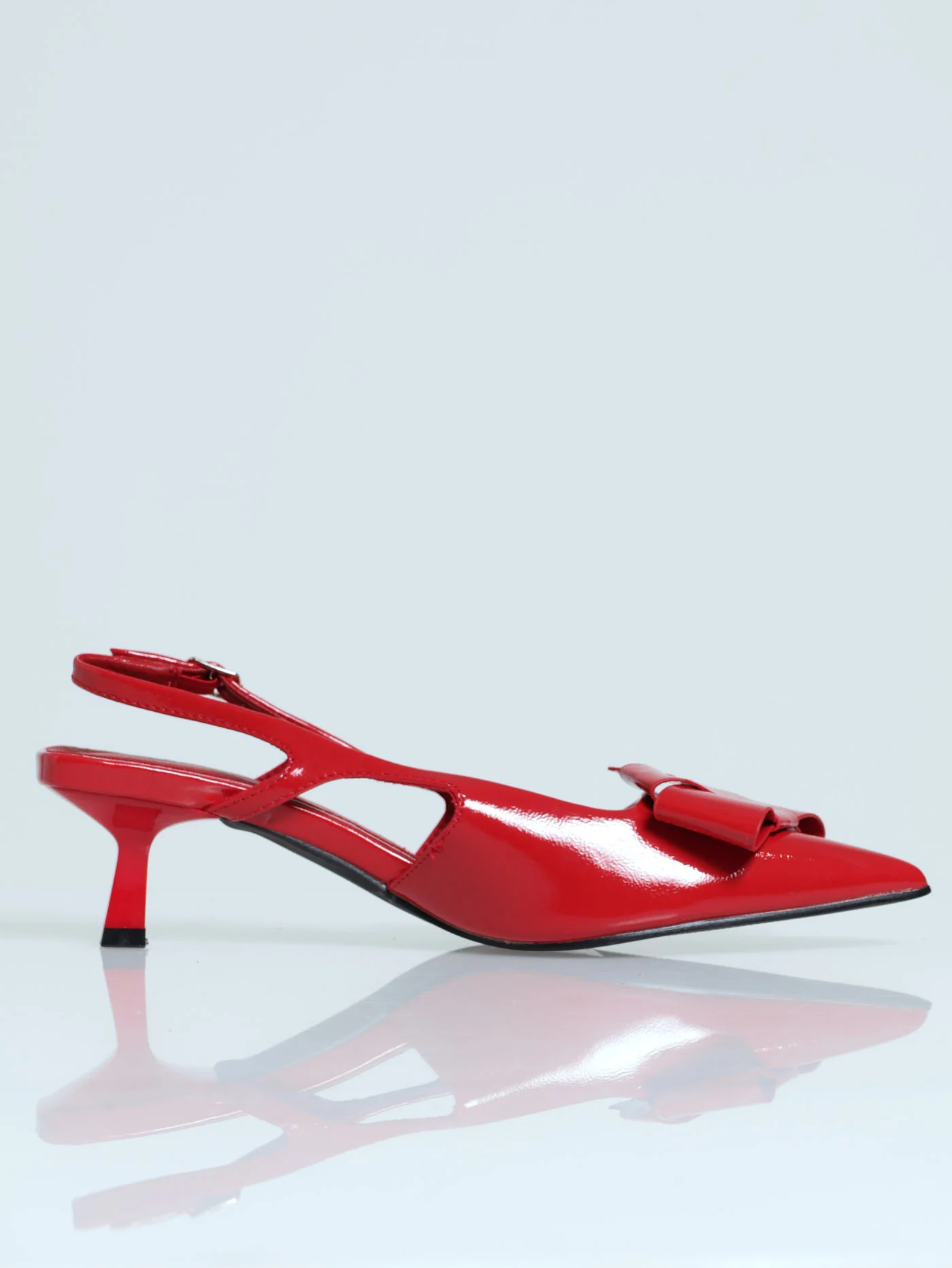 Pointy Court Kitten Heel With Patent Bow Detail - Red - Image 3