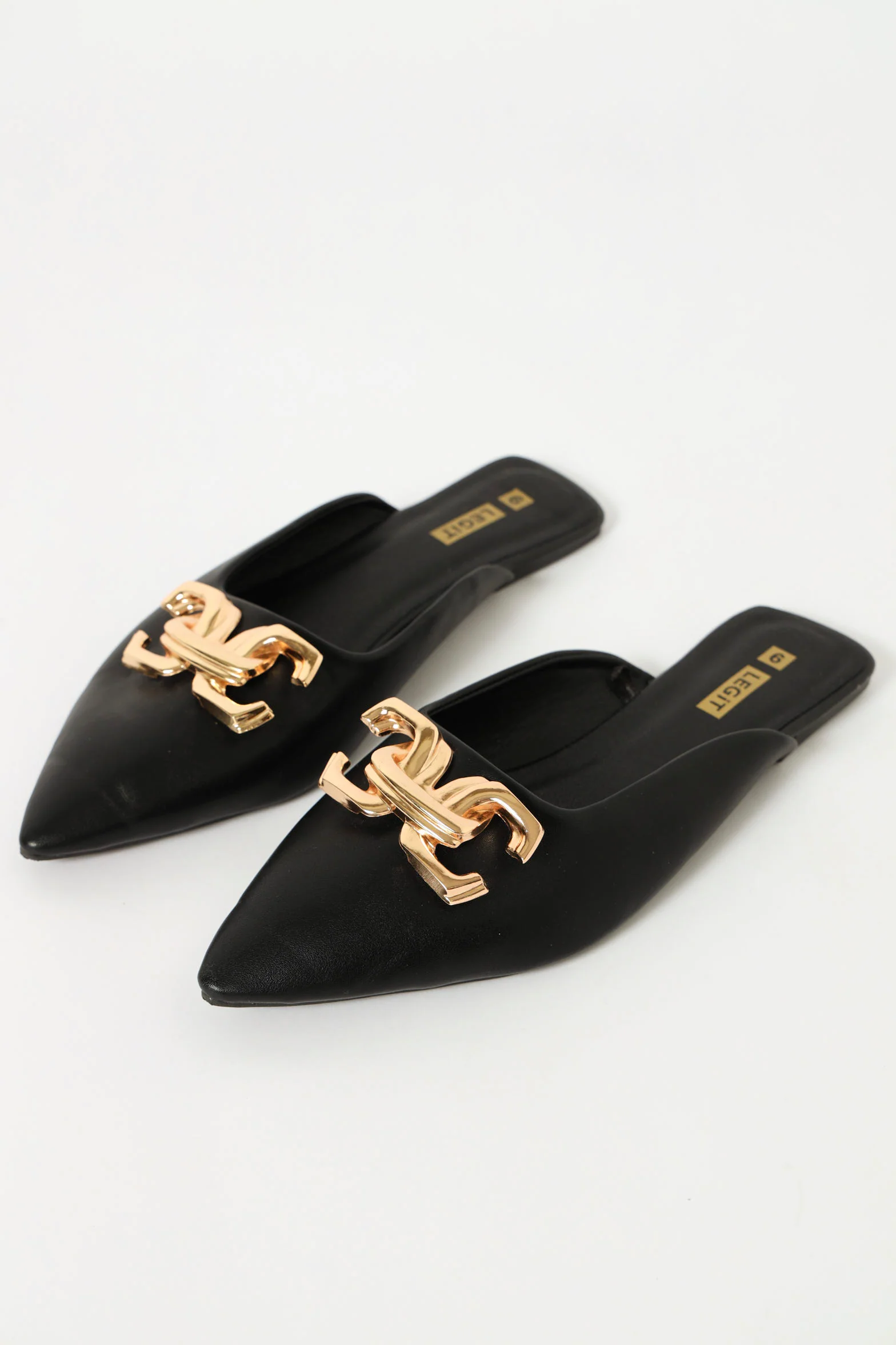 Pointy Push In Mule With Gold Detail - Black
