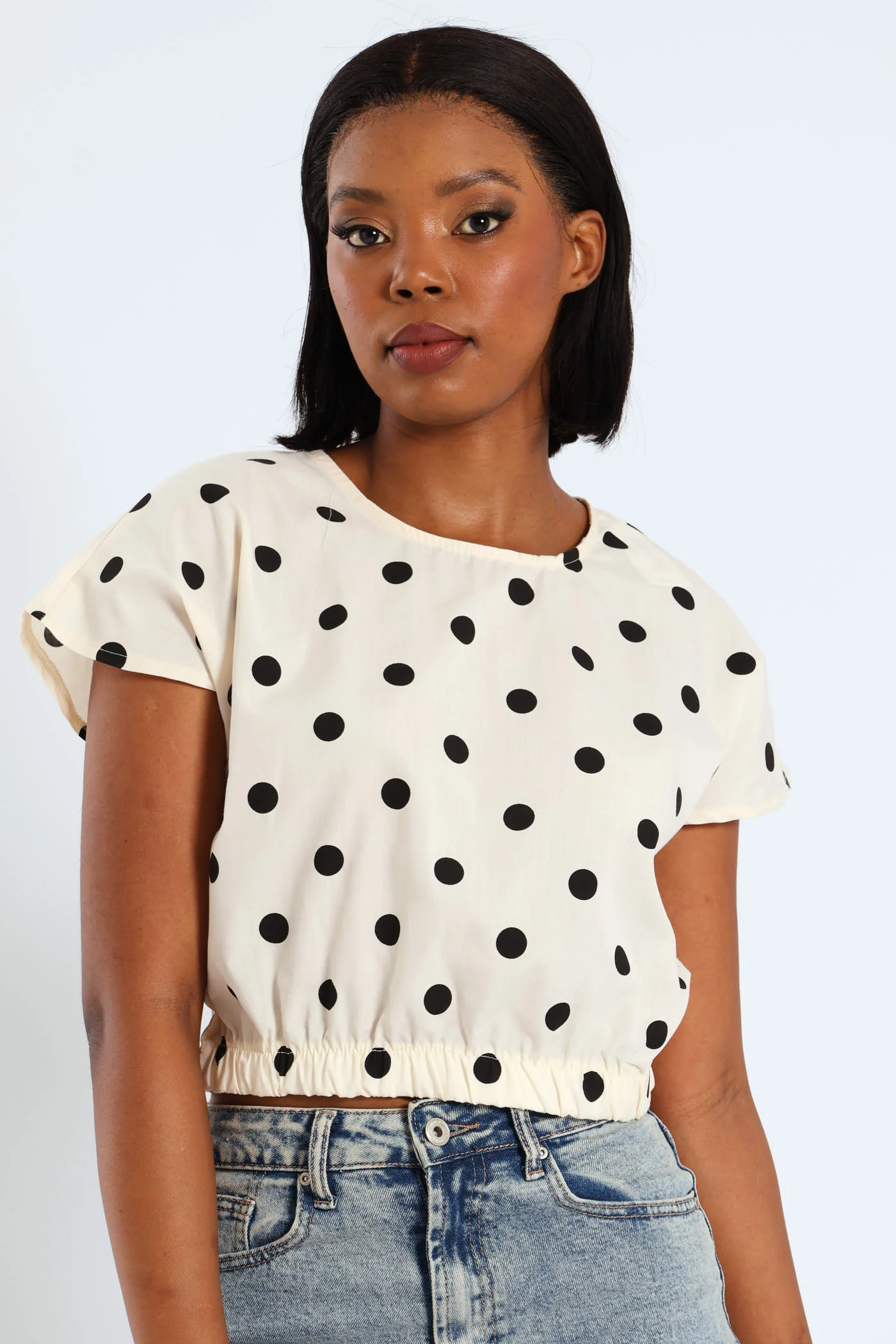 Polka Dot Poplin Top - Beige/Black