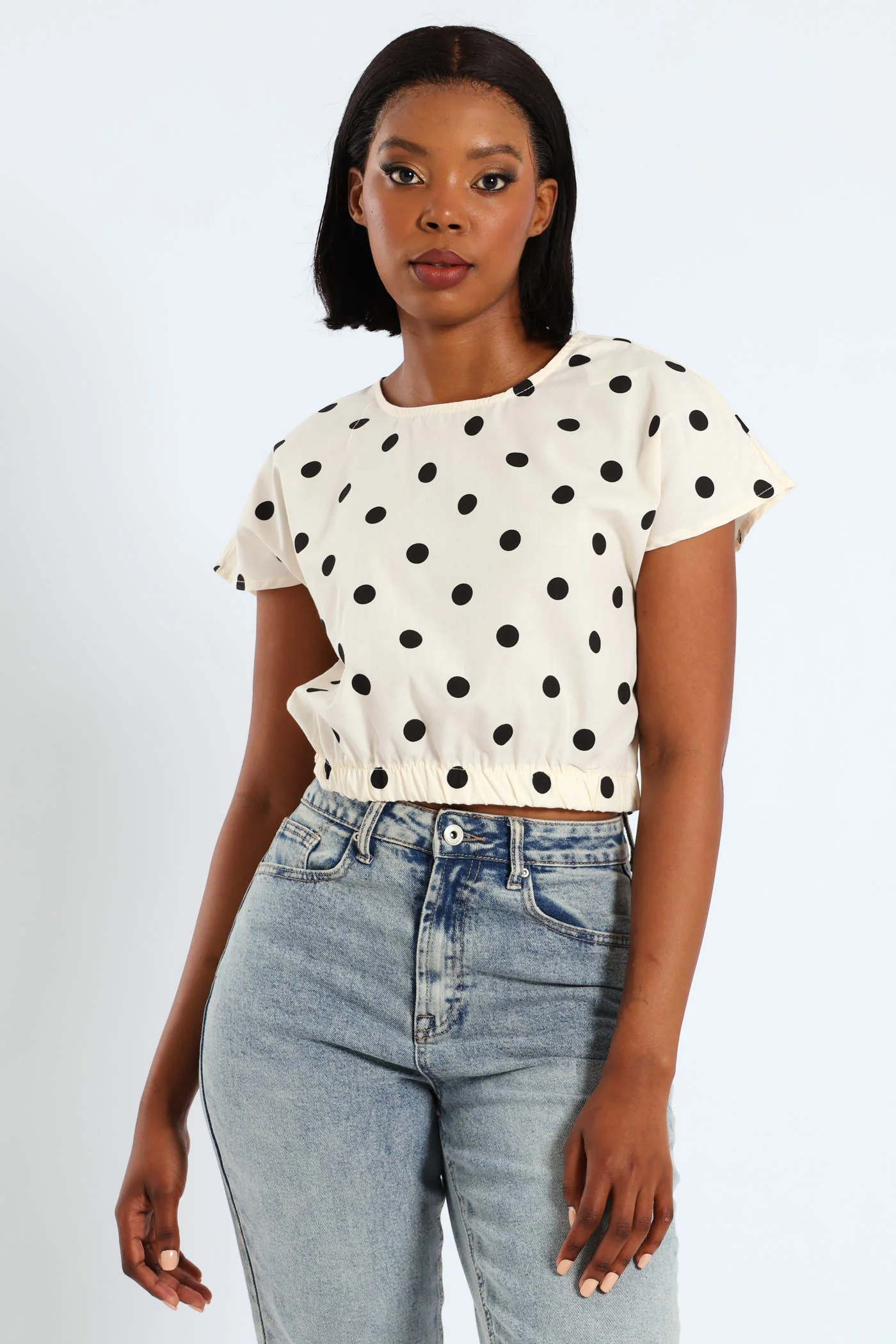 Polka Dot Poplin Top - Beige/Black - Image 4