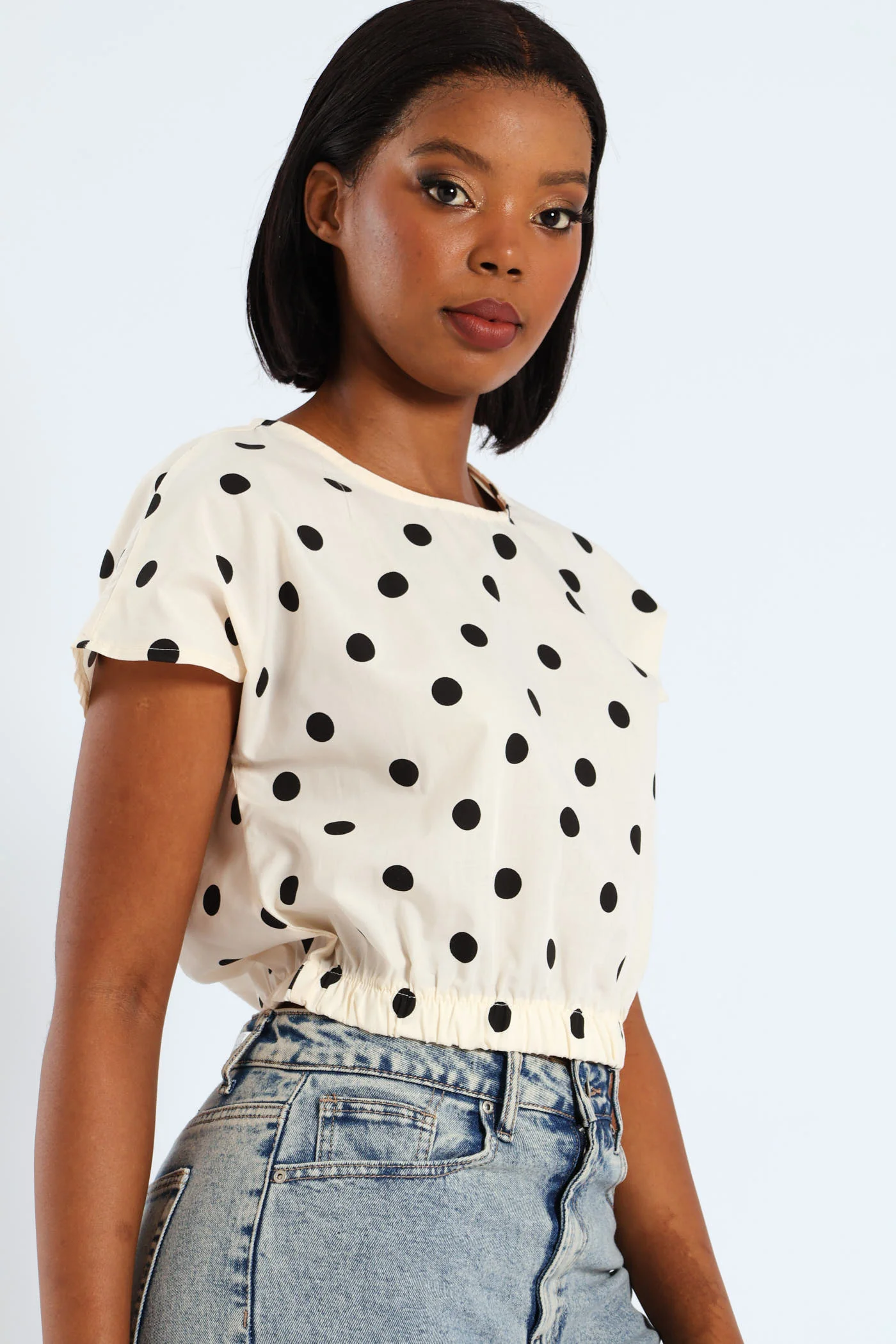Polka Dot Poplin Top - Beige/Black - Image 5
