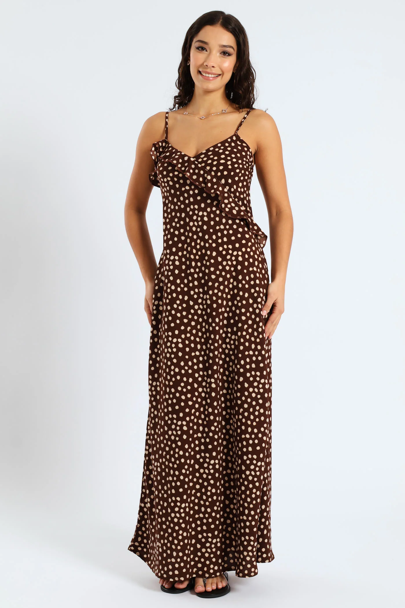 Polka Linen Like Maxi Slip Dress - Chocolate
