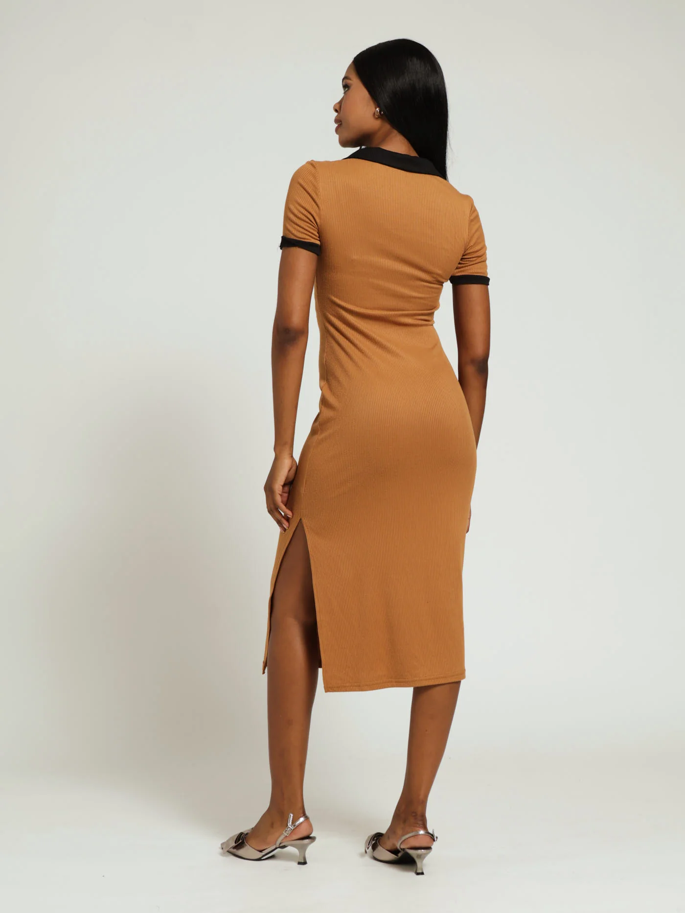 Polo Contrast Tube Midi Dress - Brown - Image 3