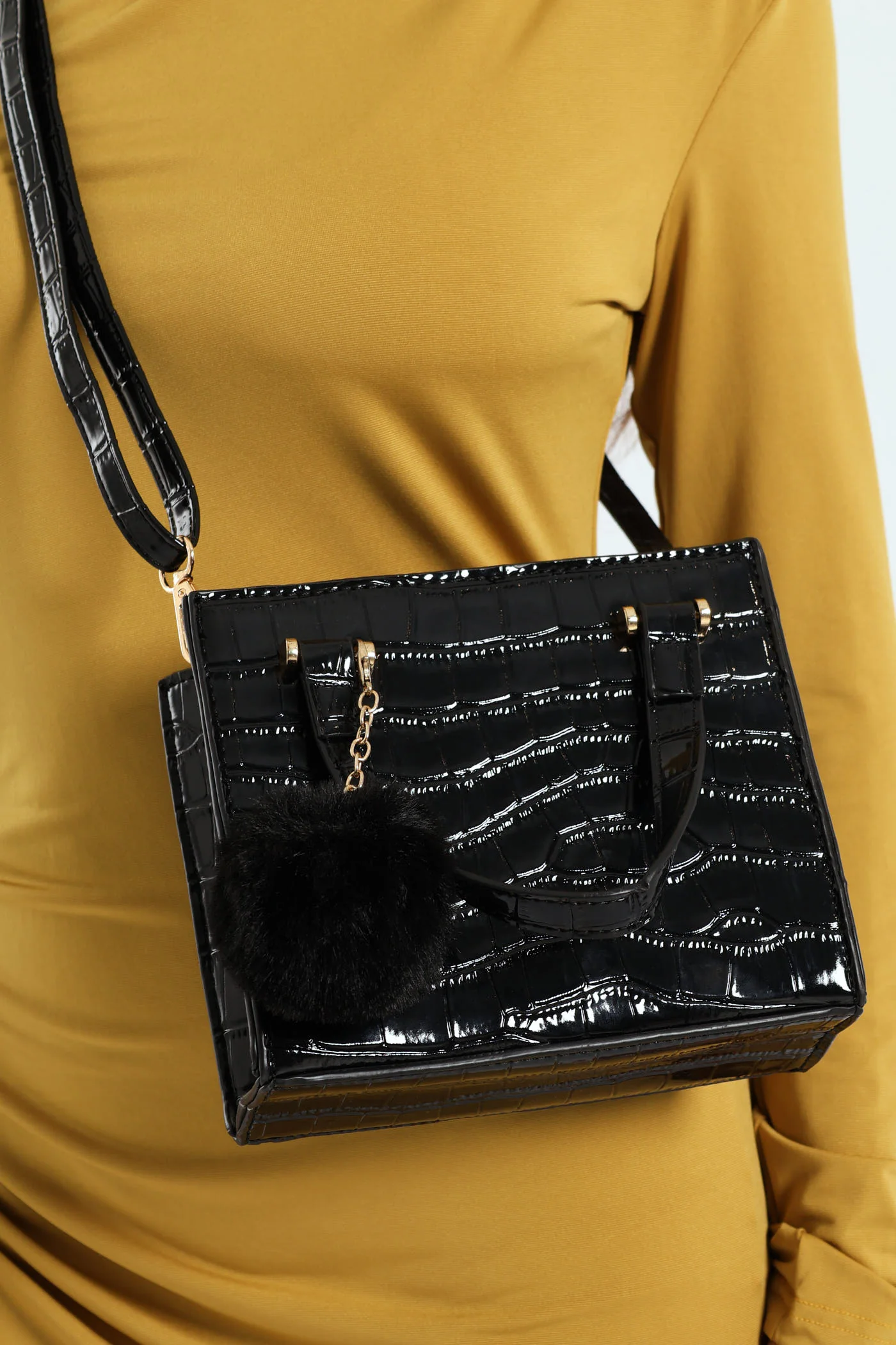 Pom Pom Charm Metal Detail Tote Bag - Black - Image 4