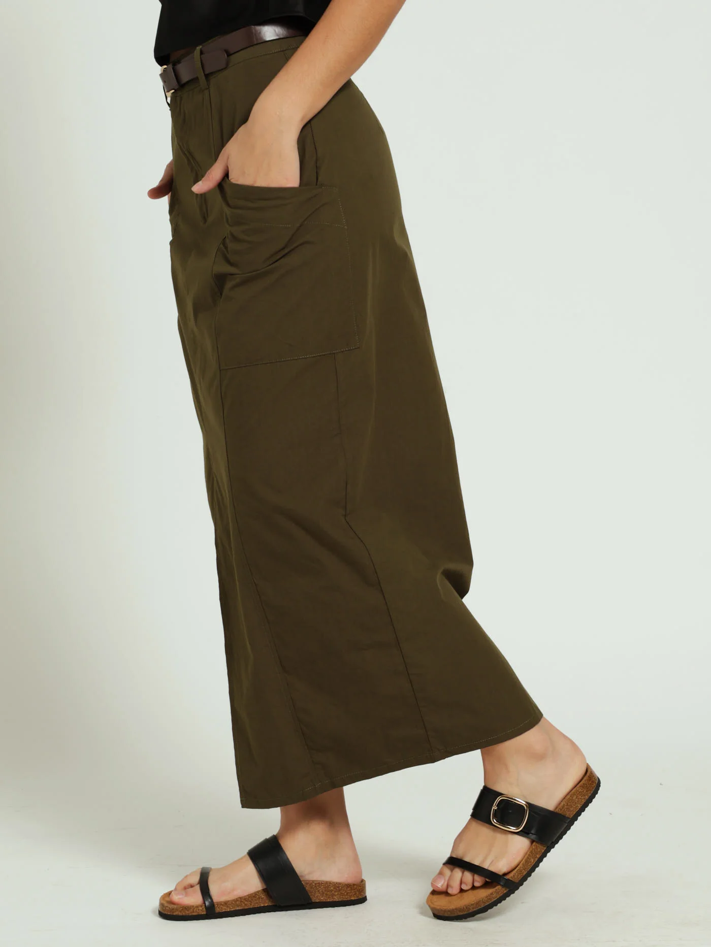 Poplin Midi Cargo Skirt With Belt - Khaki - Image 3