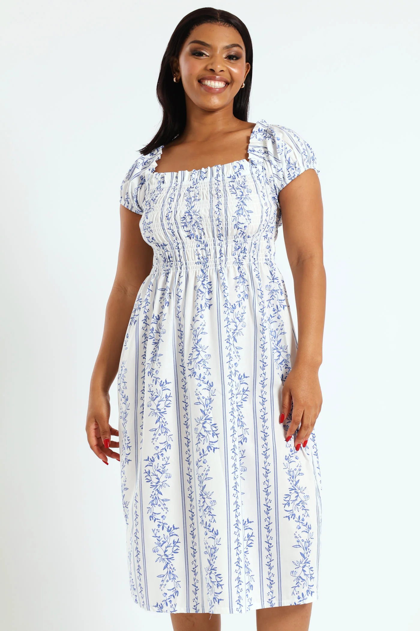 Poplin Printed Shirred Bodice Mini Dress - Multi - Image 3