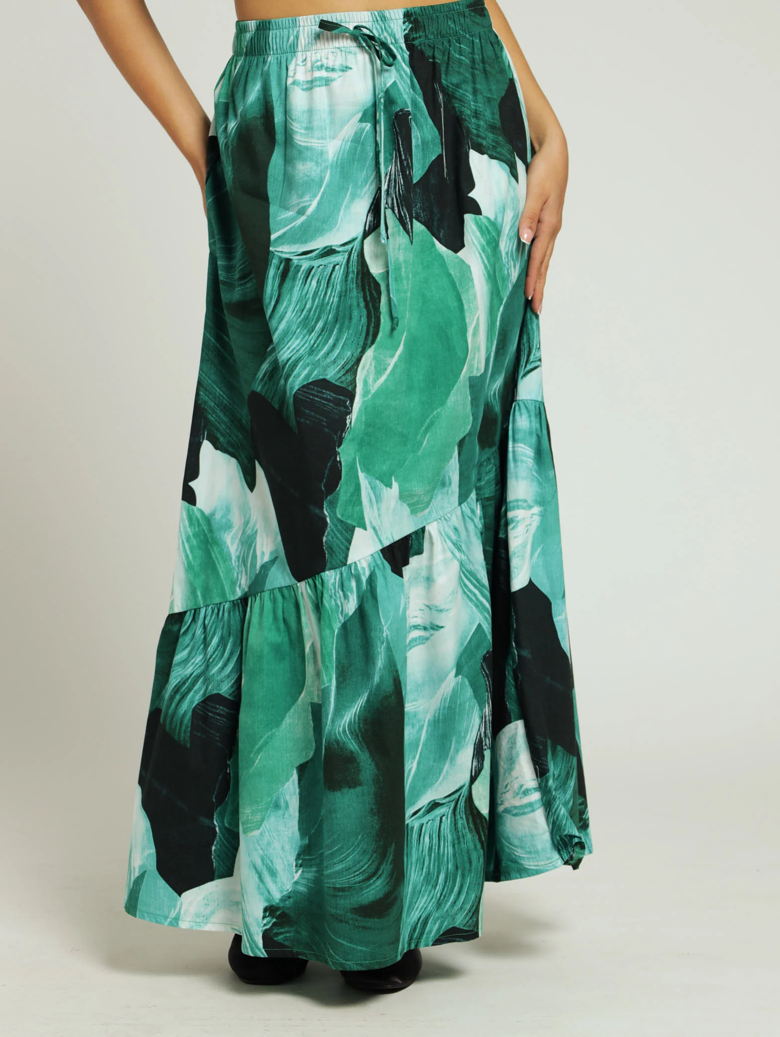 Poplin Printed Tiered Midi Skirt - Green
