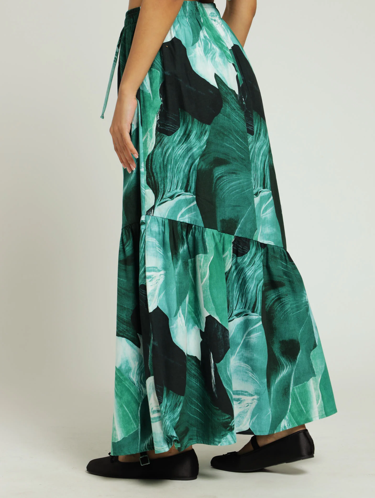 Poplin Printed Tiered Midi Skirt - Green - Image 3