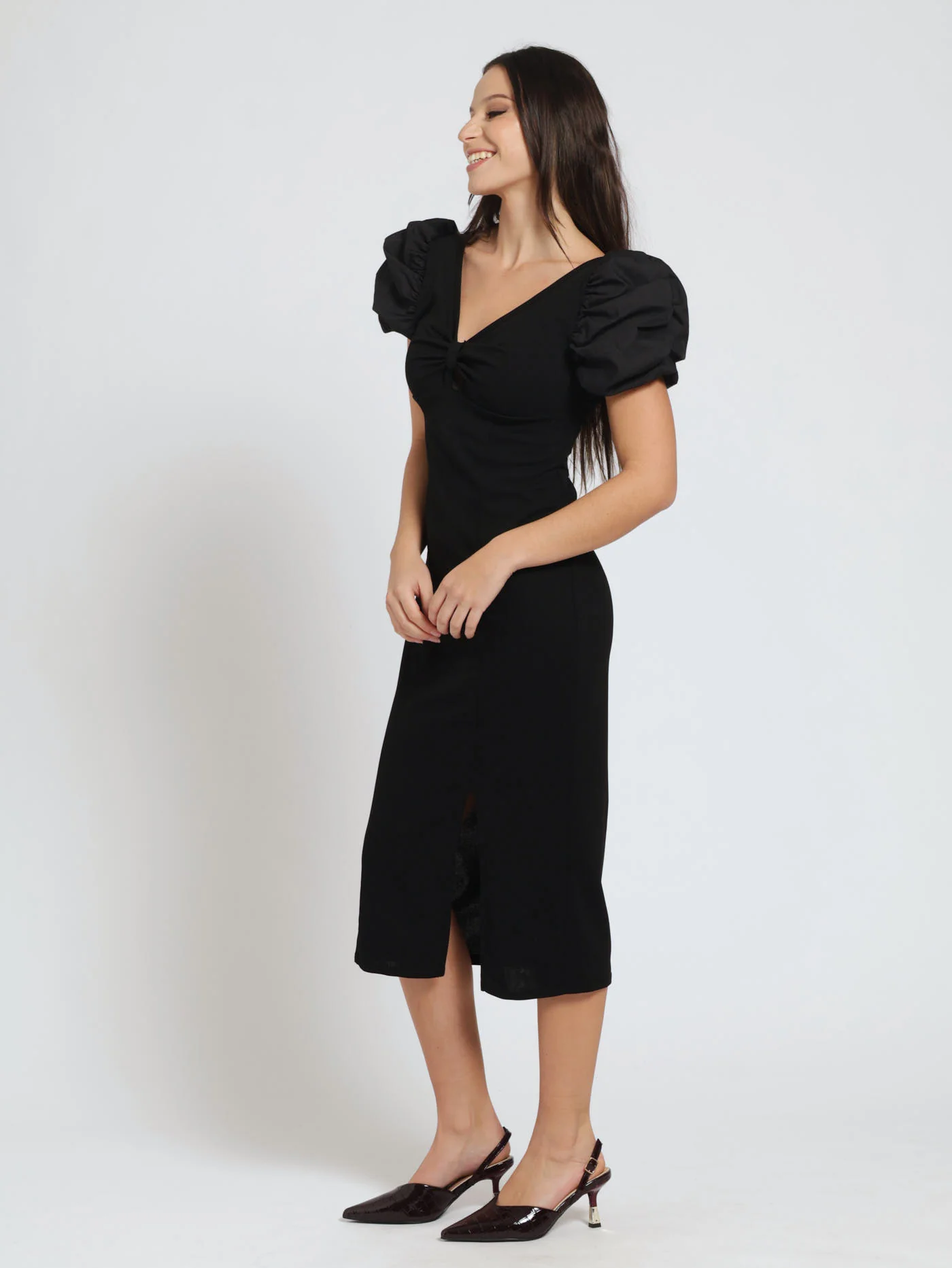 Poplin Puff Sleeve Combo Bodycon Dress - Black - Image 2