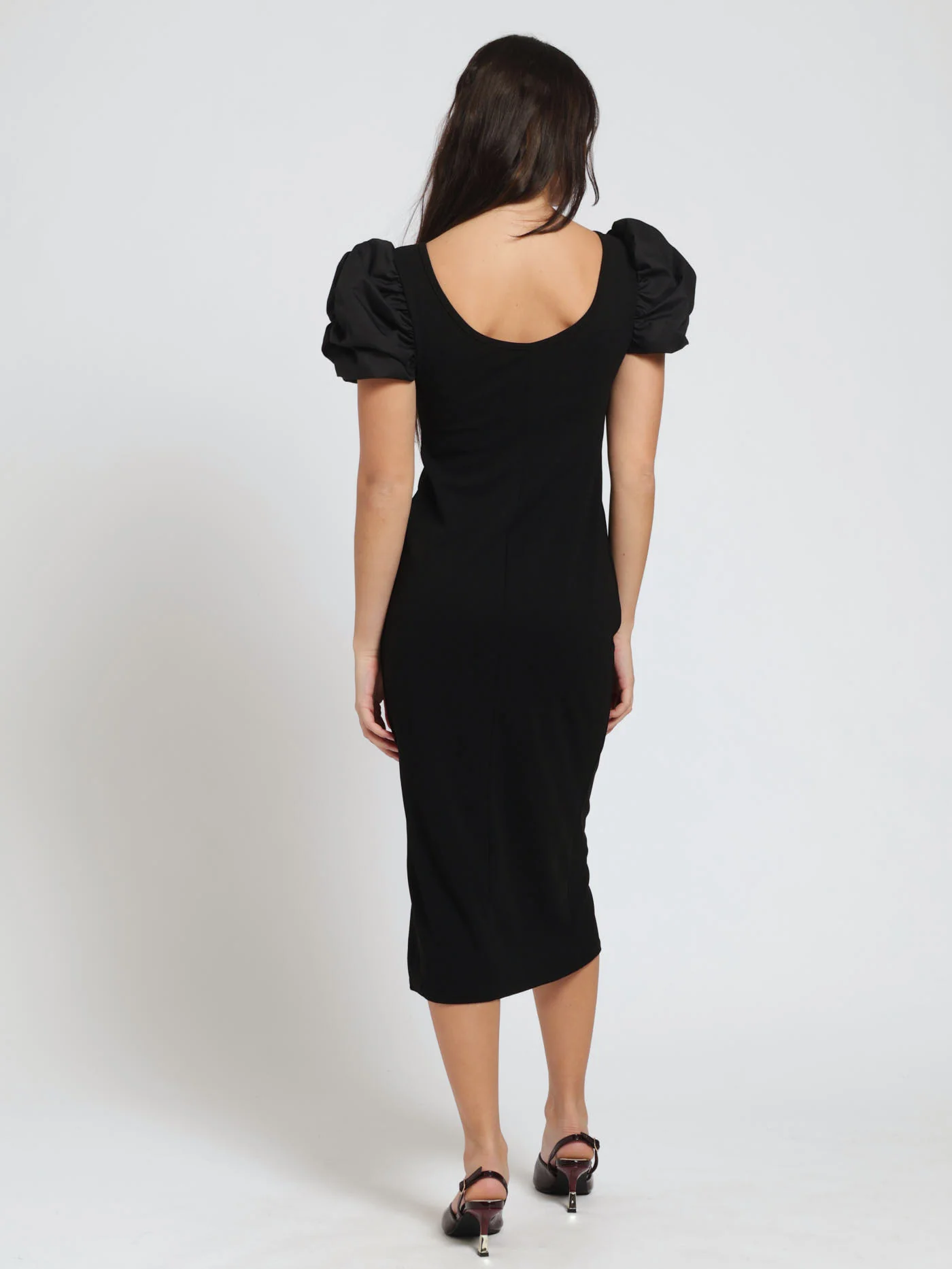 Poplin Puff Sleeve Combo Bodycon Dress - Black - Image 3