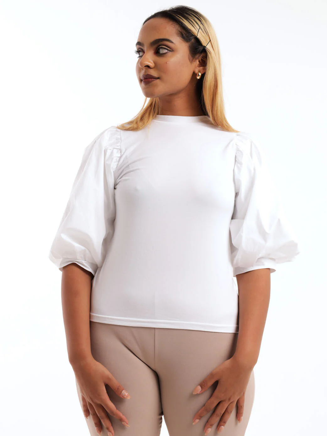 Poplin Puff Sleeve Top -  White