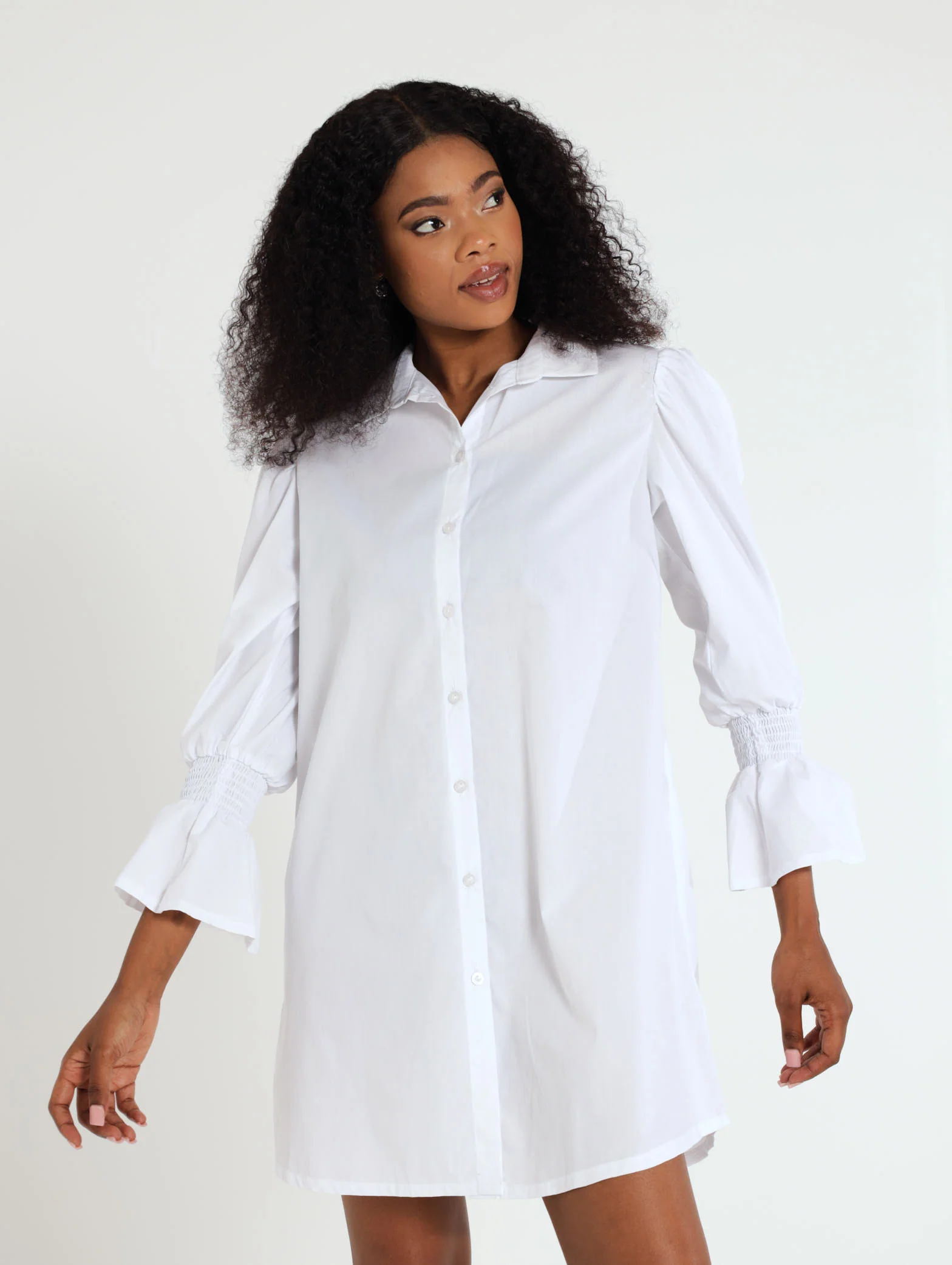 Poplin Shirt Dress Shirred Sleeve - Image 2