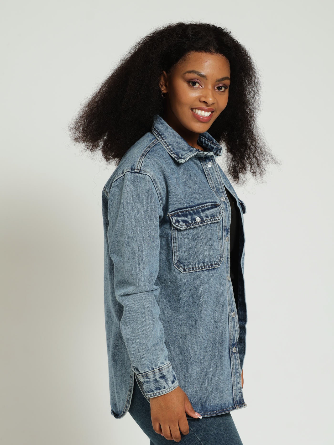 Popper Detail Denim Shacket - Medium Wash - Image 2