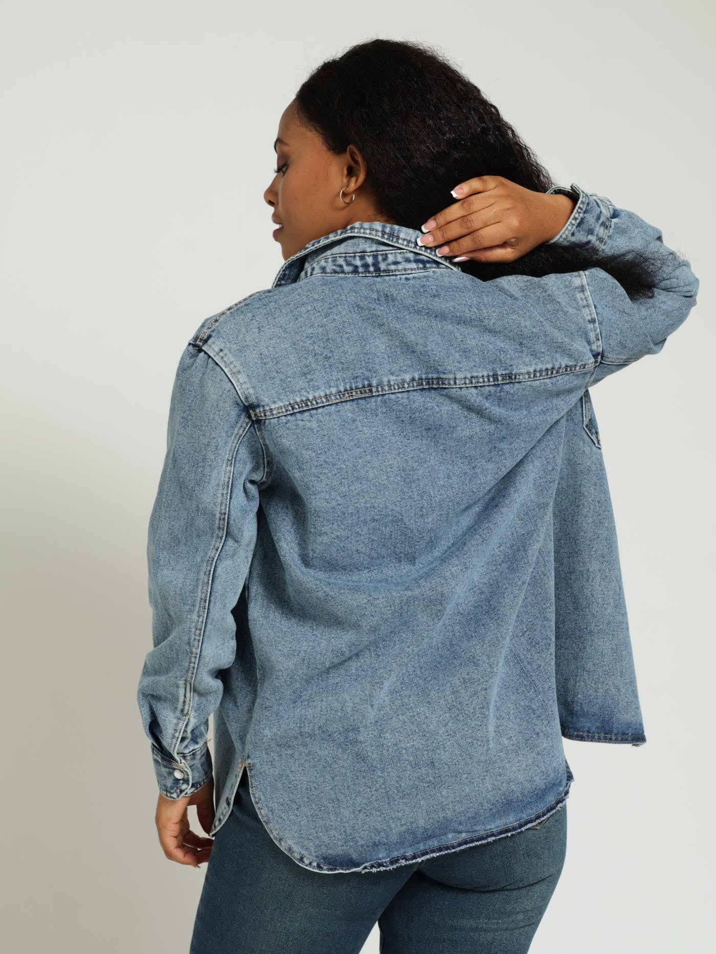 Popper Detail Denim Shacket - Medium Wash - Image 3