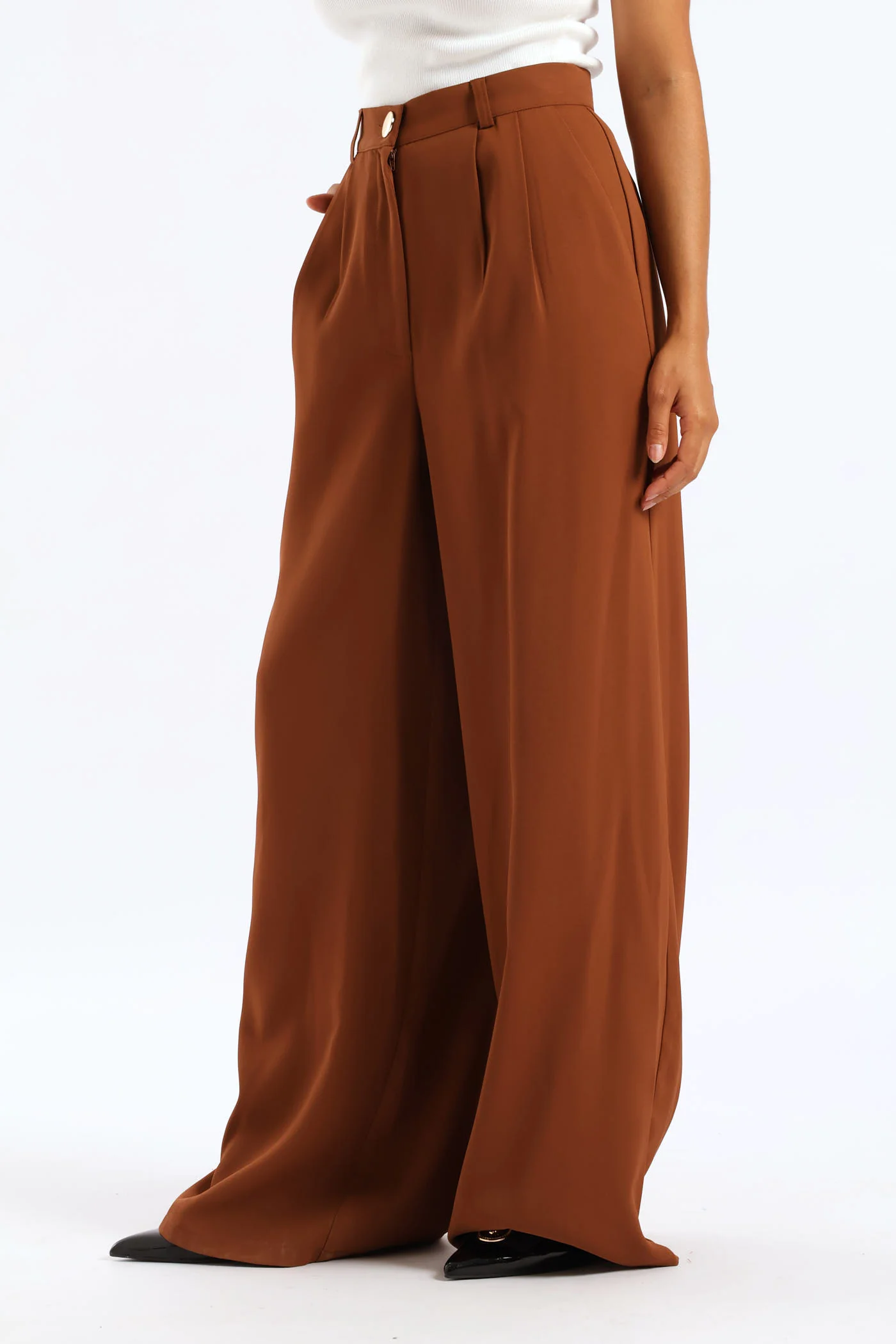 Pressed Crease Wide Leg Pants - Brown - Image 3