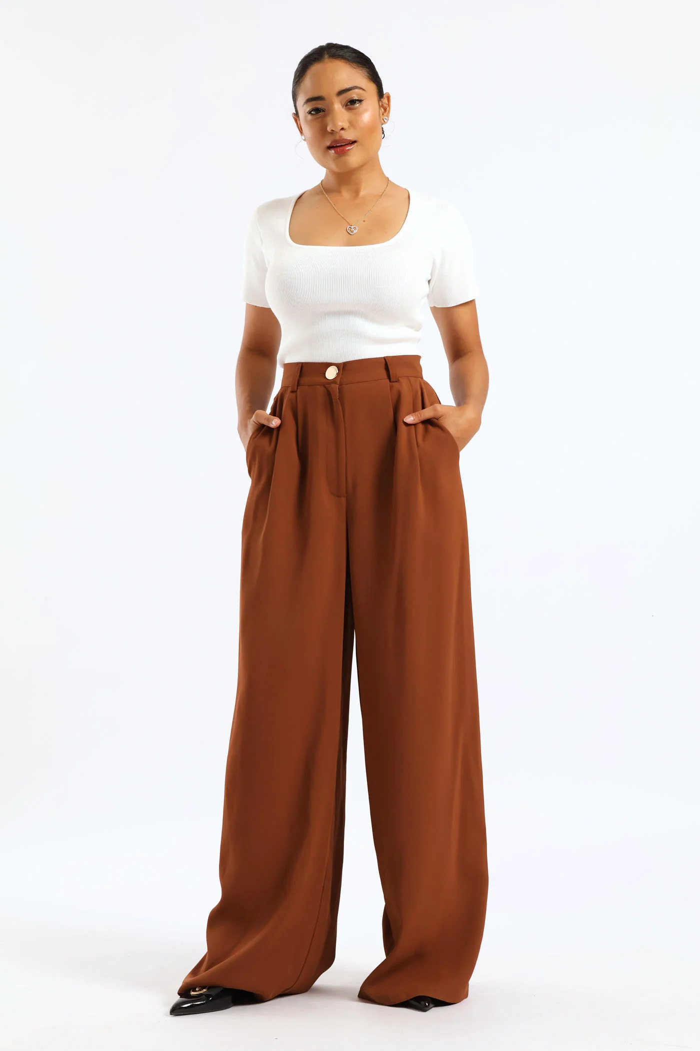 Pressed Crease Wide Leg Pants - Brown - Image 6