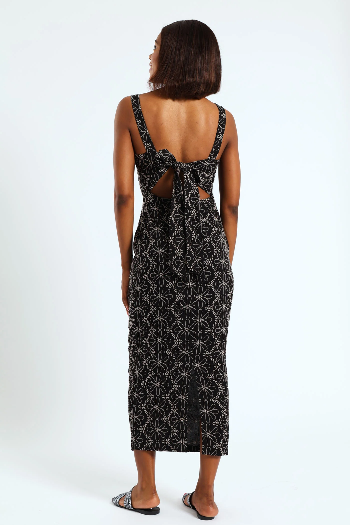 Printed Anglaise Tie Back Maxi Dress - Black/Beige - Image 4