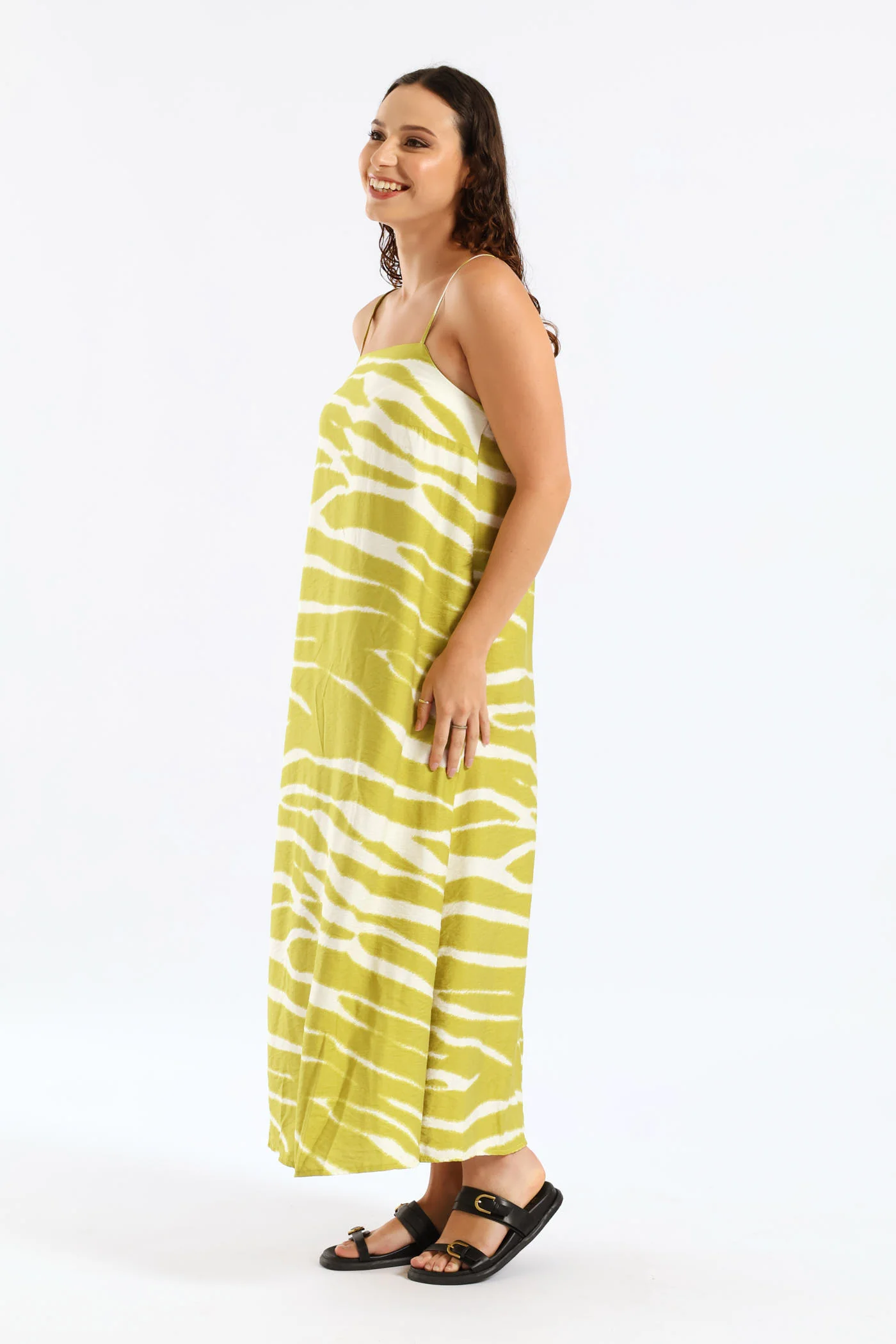 Printed Linen Look Maxi Dress - Chartreuse - Image 3