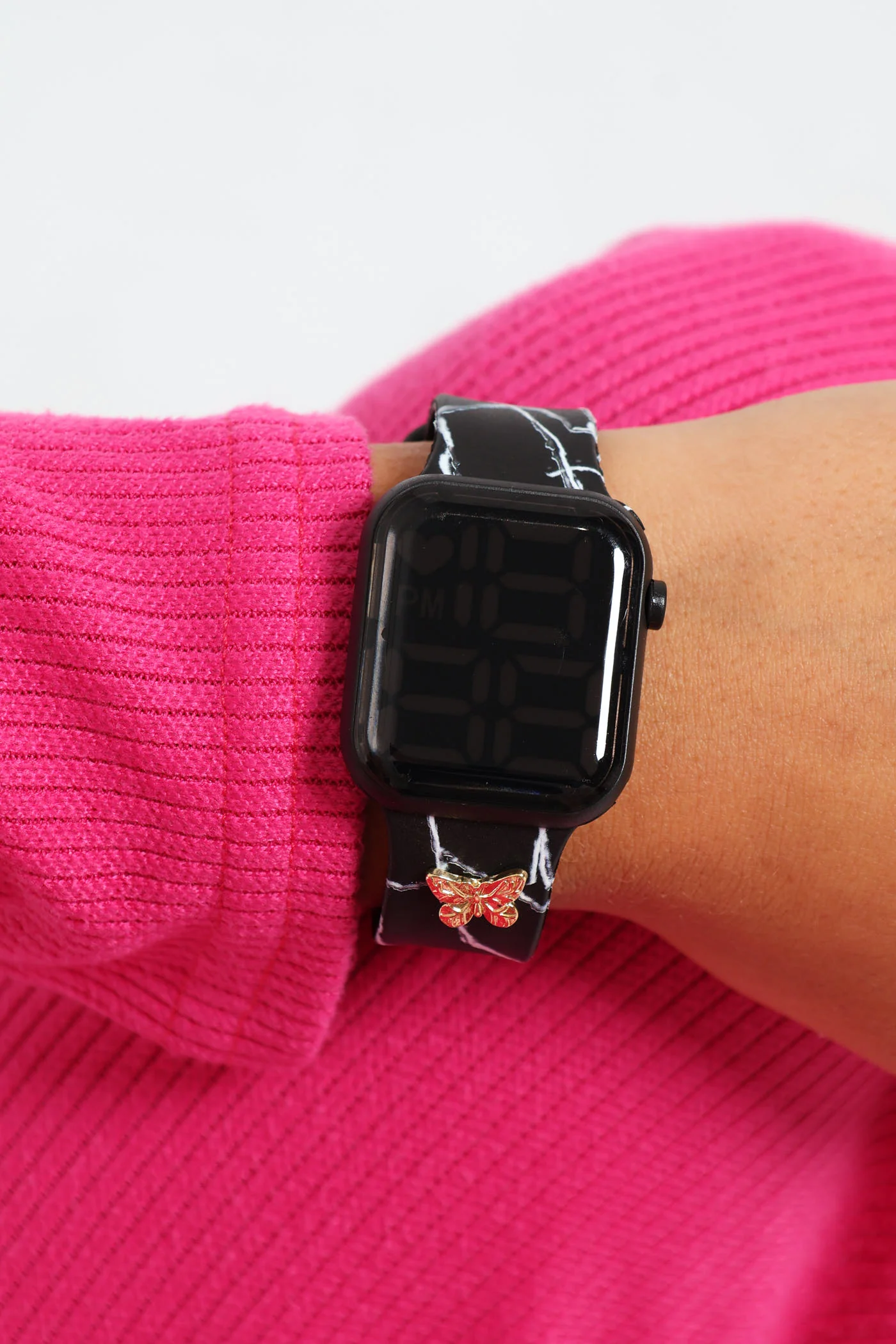 Printed Strap Digital Watch With Butterfly Charm - Marble Snow - Image 2