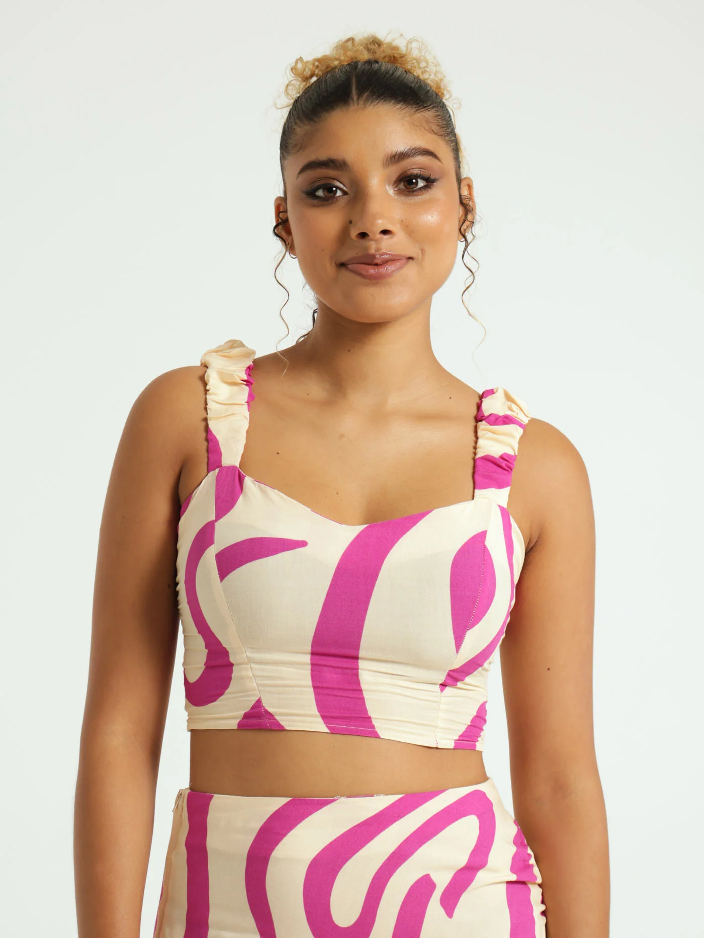 Printed Woven Ruched Strap Top - Magenta