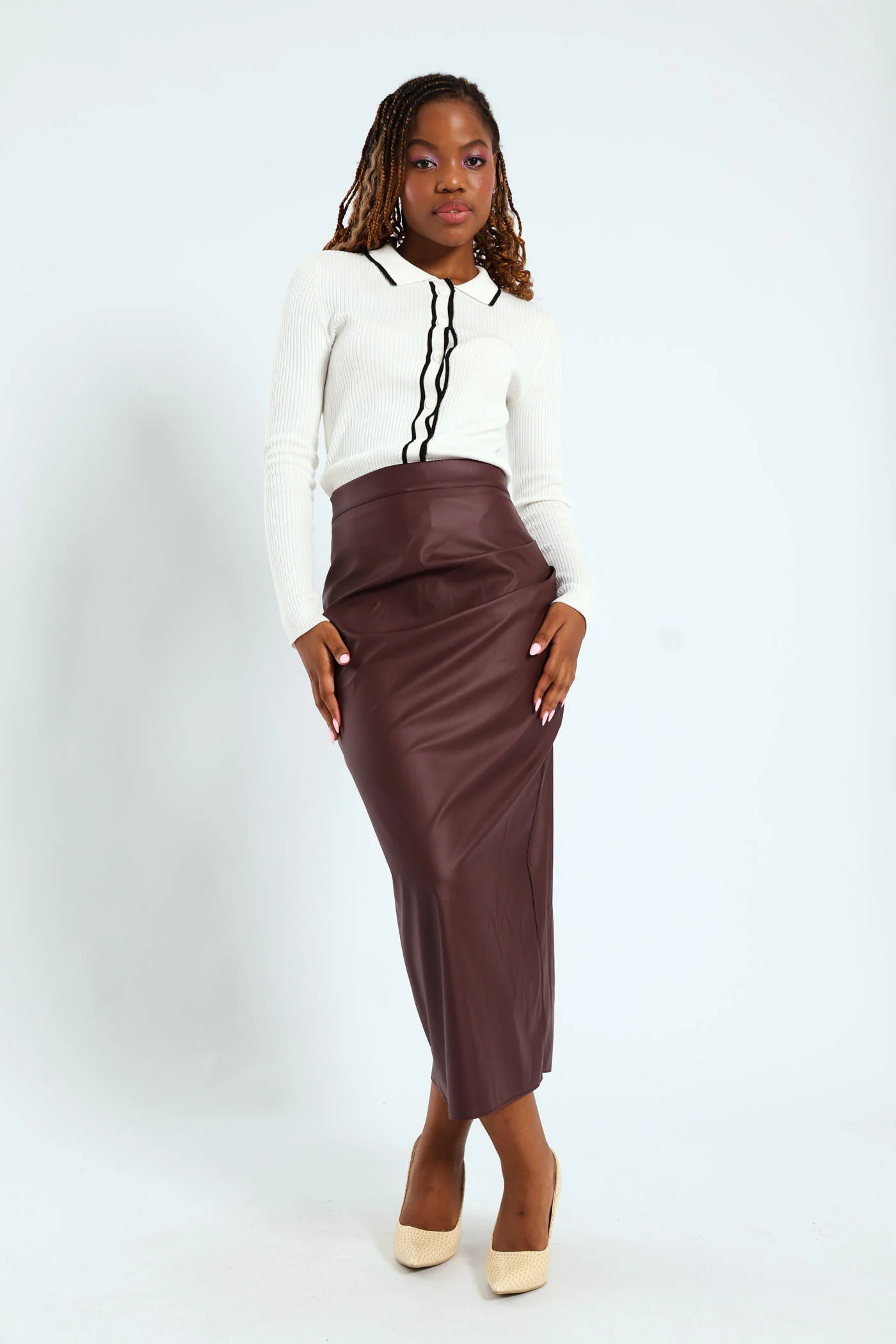 PU Midi Skirt - Burgundy