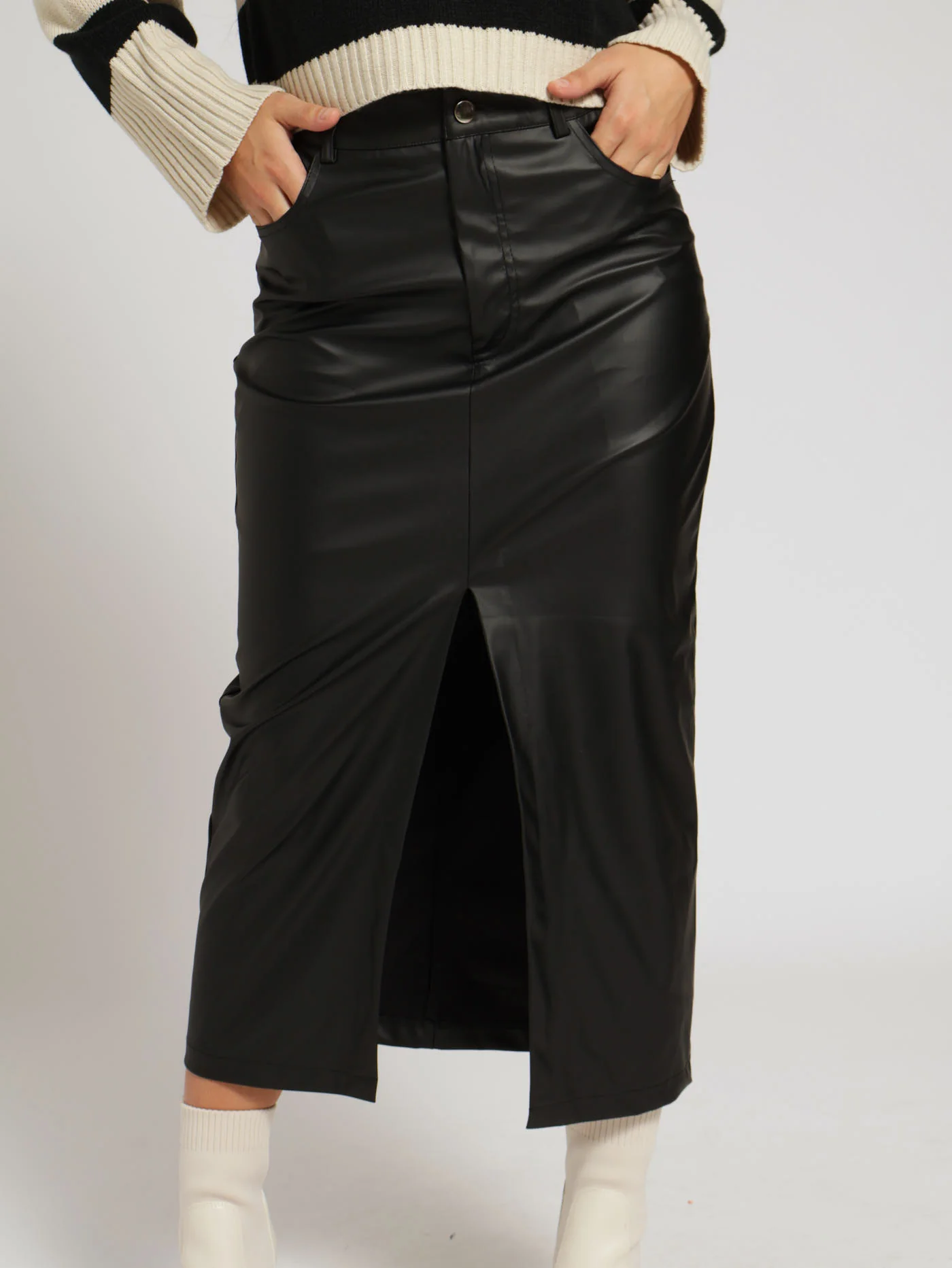 Pu Slit Front Midi Skirt - Black