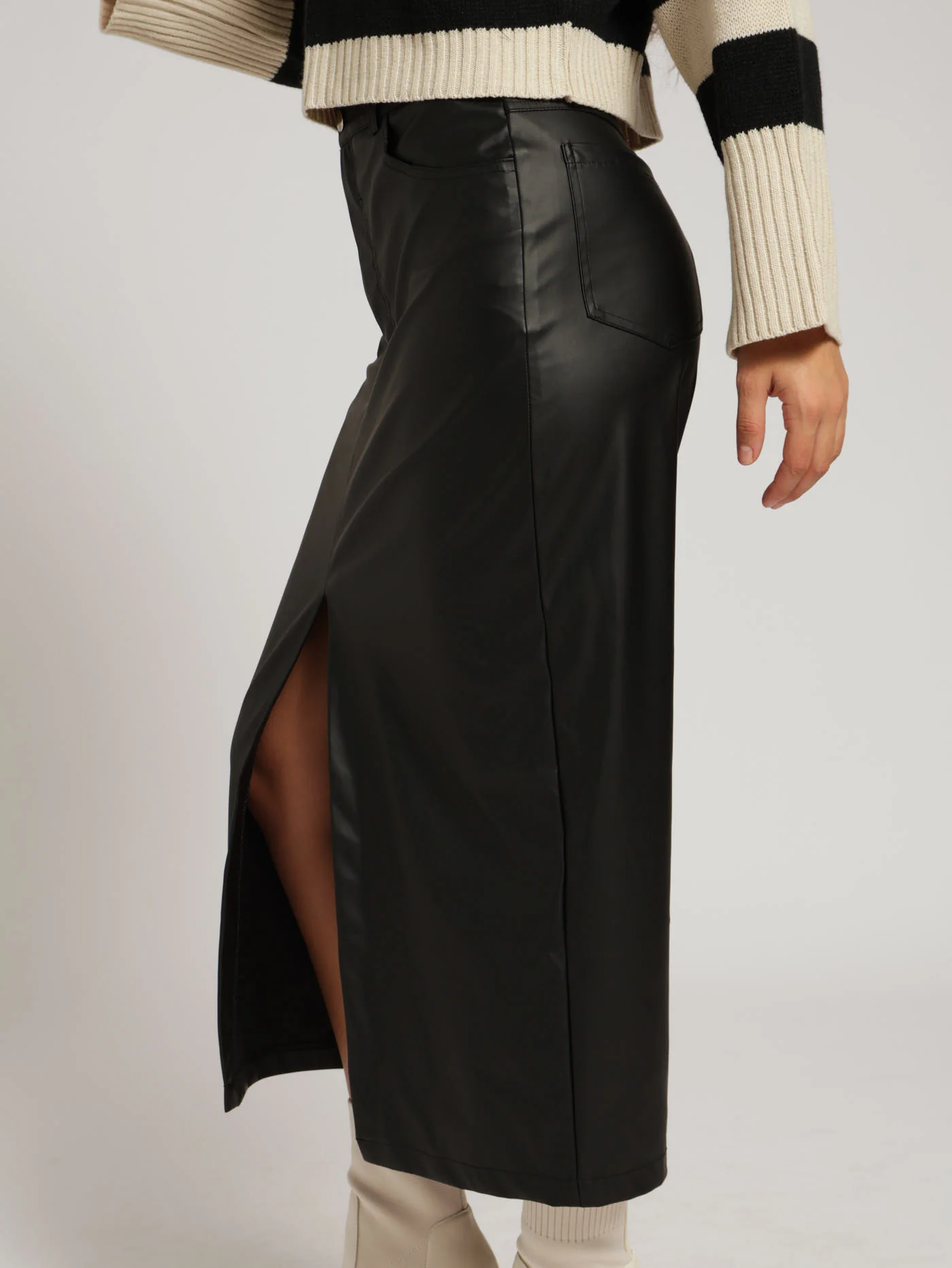 Pu Slit Front Midi Skirt - Black - Image 2
