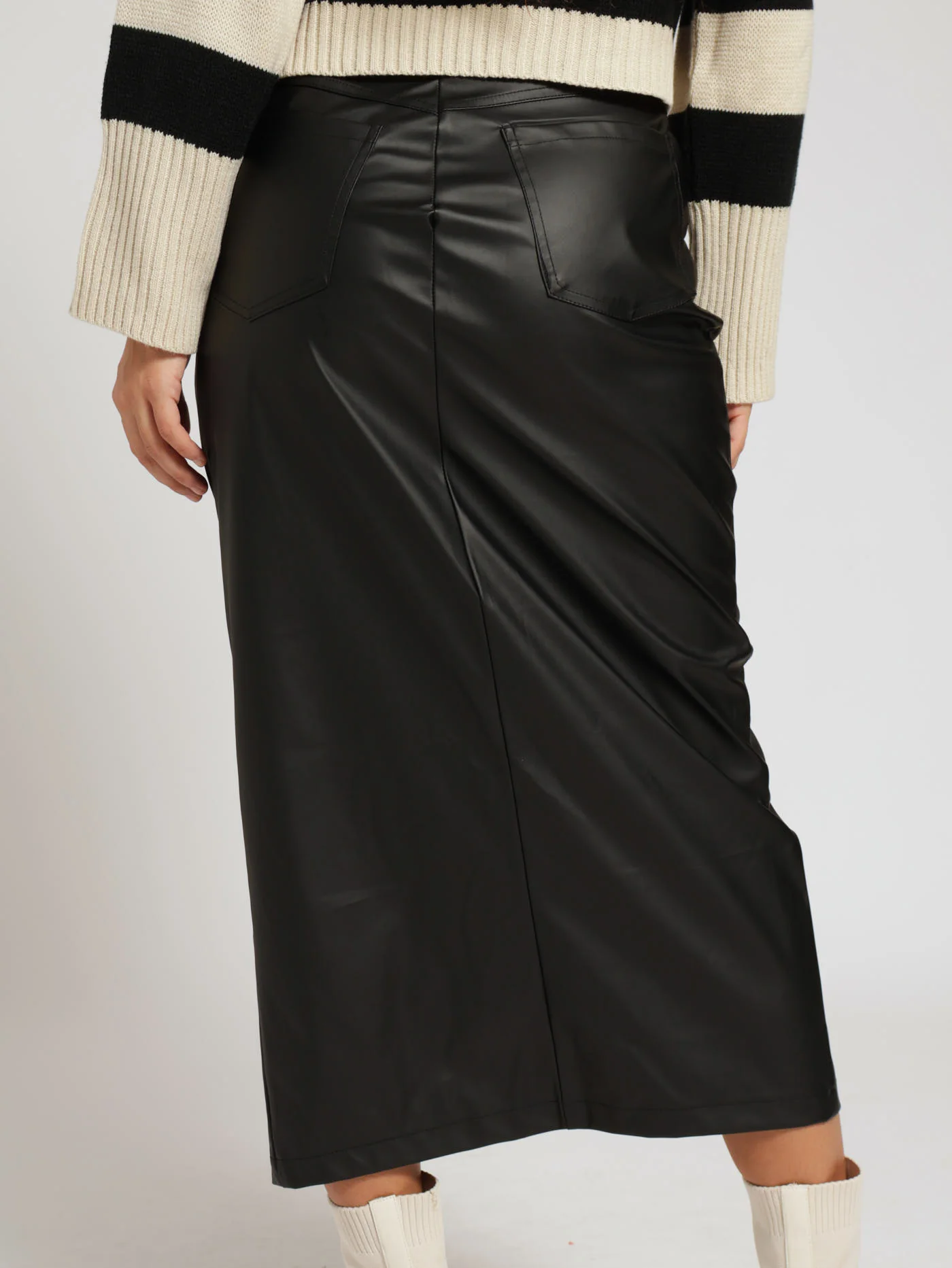 Pu Slit Front Midi Skirt - Black - Image 3